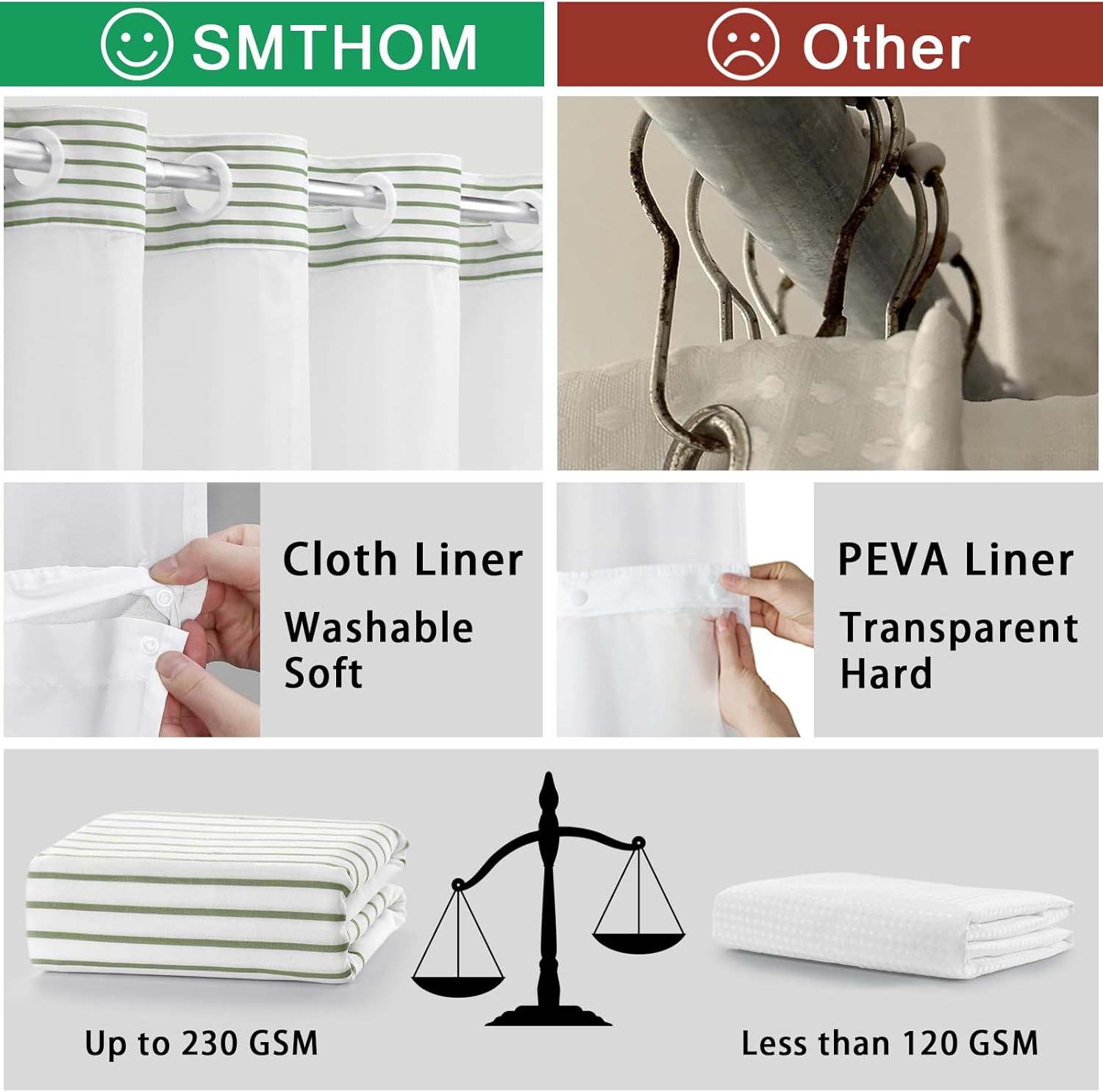 No Hook Shower Curtain and Liner Set,Sage Green Boho Striped Shower Curtain for Bathroom Cotton 75" L x 72" W