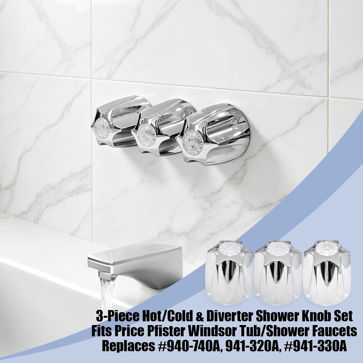 Chedin 3 Piece Shower Knob Replacement Set, Brushed Nickel Hot Cold & Diverter Shower Faucet Handles, Bathtub Knobs Compatible with Price Pfister Tub and Shower Faucets