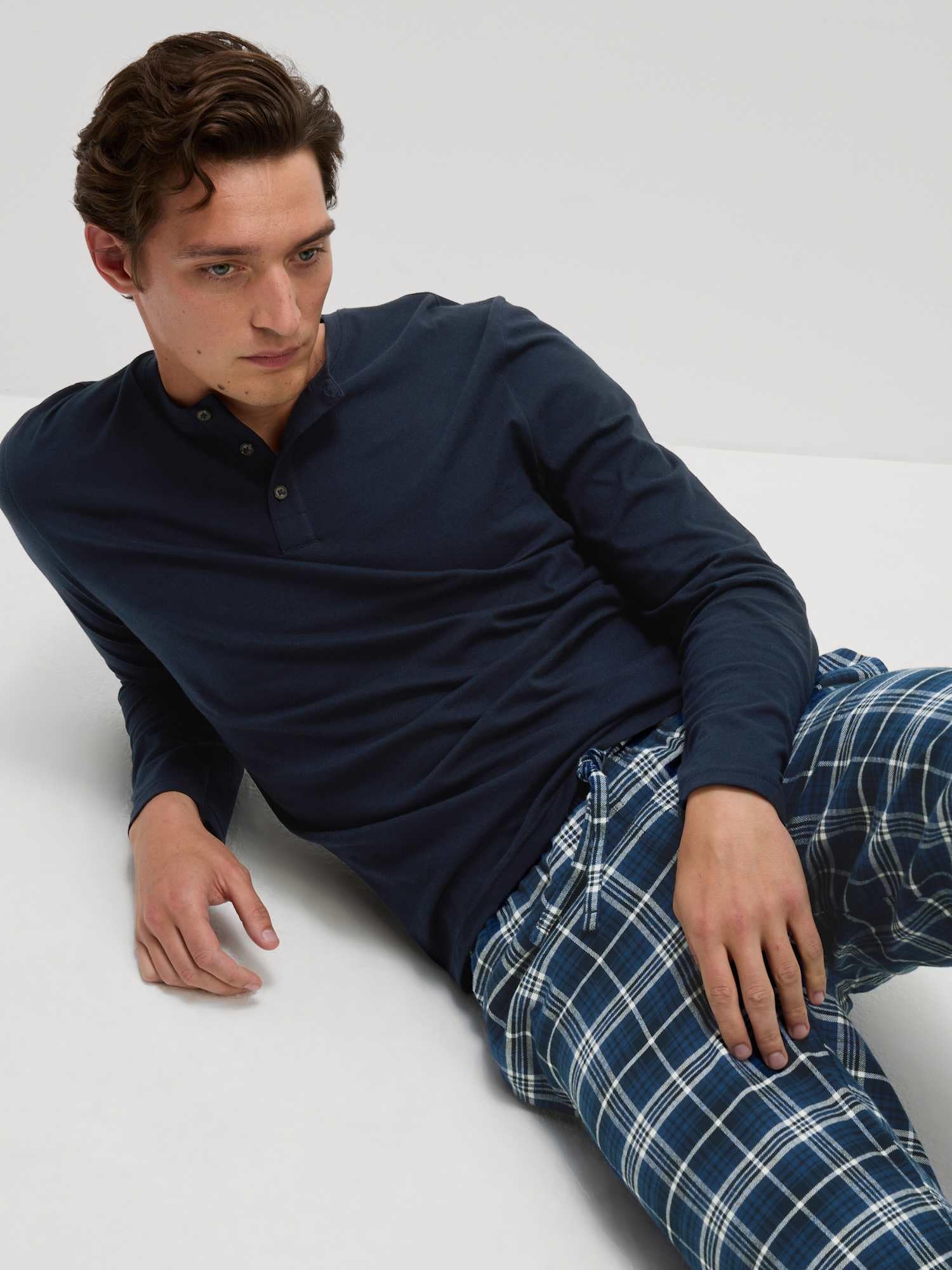 Marks & Spencer Conjunto de Pijama de Cuadros de Algodón Afelpado para Hombre, Ajuste Normal, Cintura con Cordón, con Bolsillos