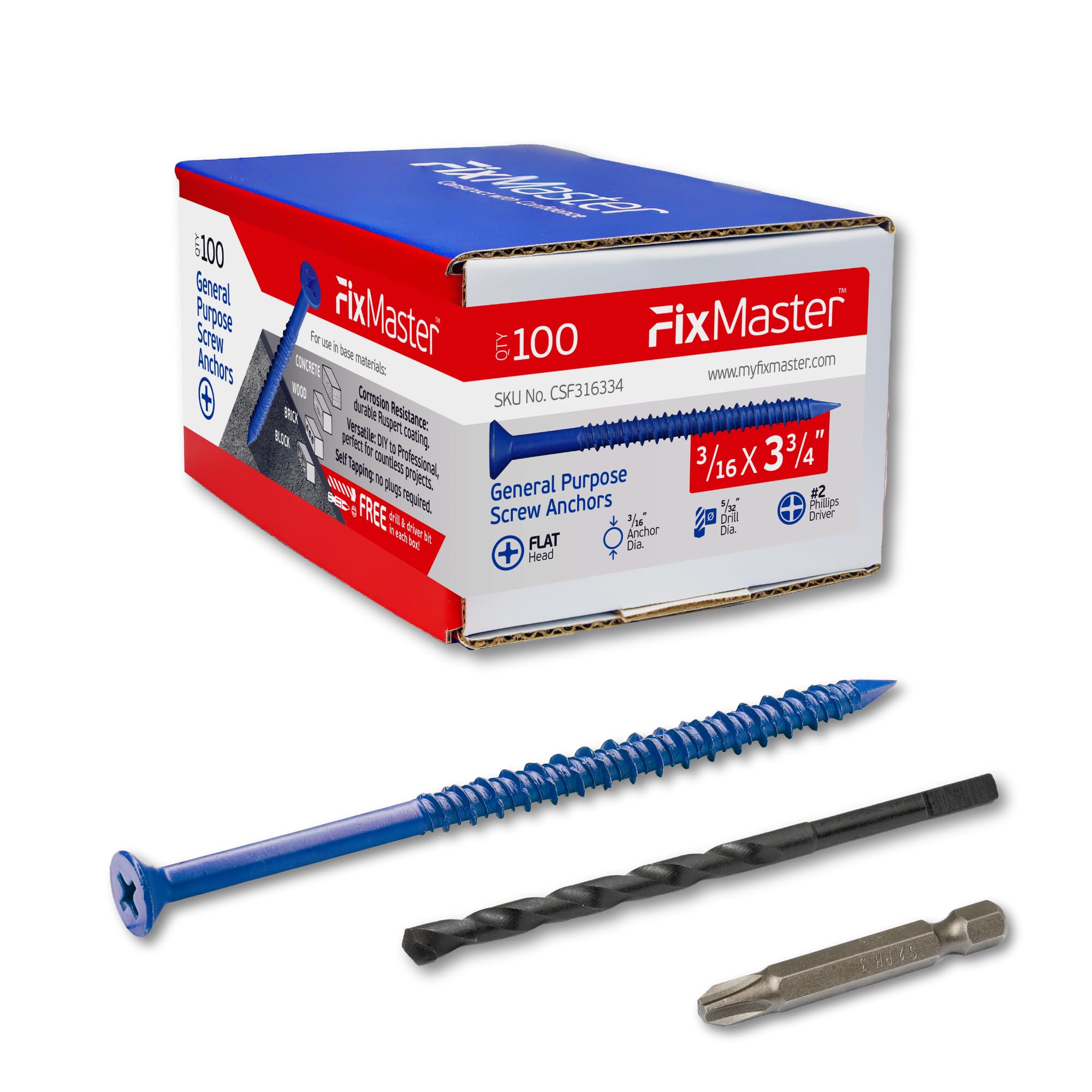 Concrete Screw Anchors - 100 Pack with Drill Bit & Screwdriver -17