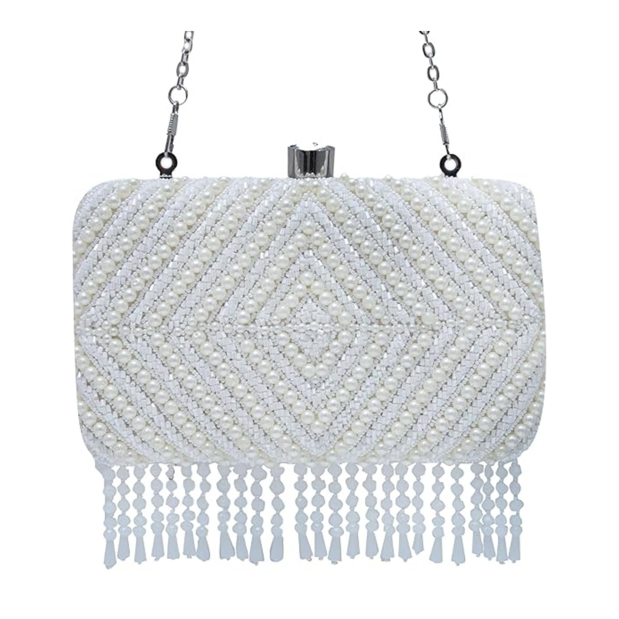 Pearly White Tasselled Embroidered Clutch Purses Luxury Evening Handbags-image-25