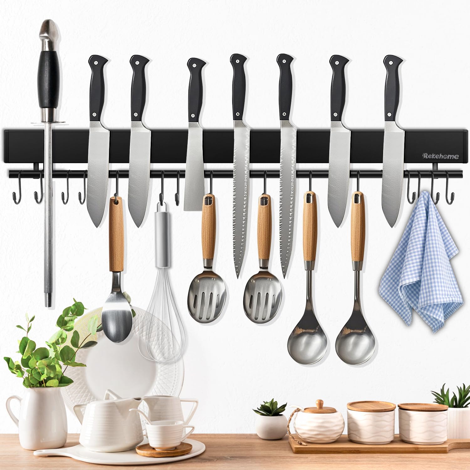 Rekehome Magnetic Knife Holder, 59cm Black Magnetic Knife Strip with 15 Hooks, Magnet Knife Rack No Drilling with Extra Strong Magnet