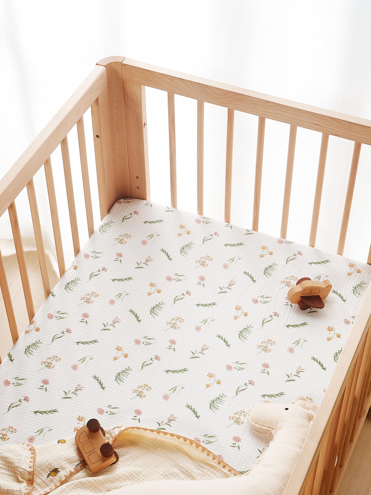 TILLYOU Musselin Spannbettlaken 2er Set Bettlaken Kinderbett 60x120 cm 100% Baumwolle Spannbettlaken Baby, Blumig