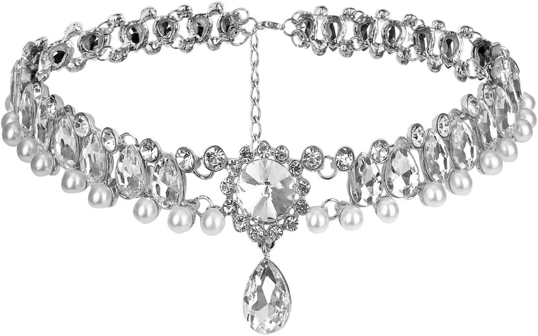 Fashion Womens Pearl Collar Crystal Diamond Chunky Choker Pendant Bib Necklace
