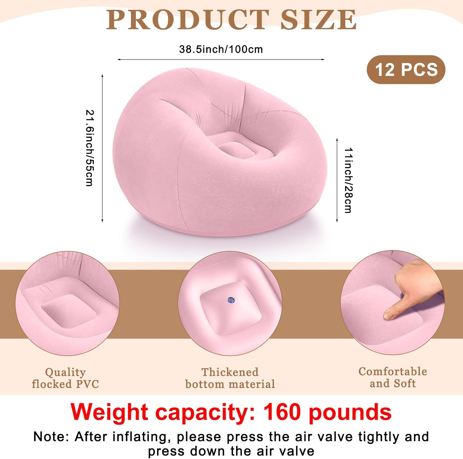 realspring 12 pcs inflatable bean bag chairs for adults with electric air pump, blow up couch folding portable inflatable couch lazy sofa for outdoor movie nights camping room (pink) 12 pink