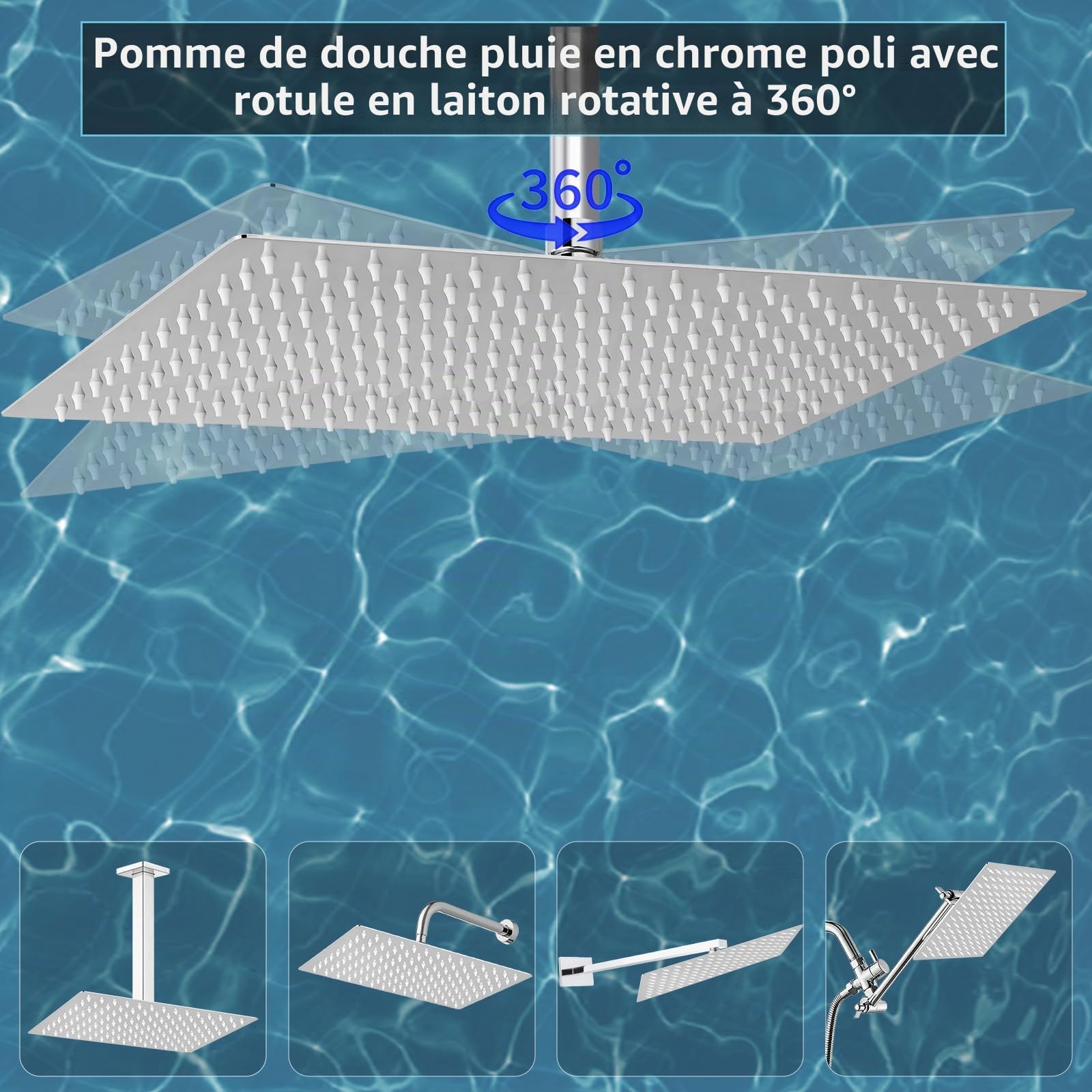 Pomme de douche rectangulaire extra large, 40 x 30 cm, en acier inoxydable à haut débit, couverture complète des cascades – Mise à niveau de luxe de la salle de bain (chromé)