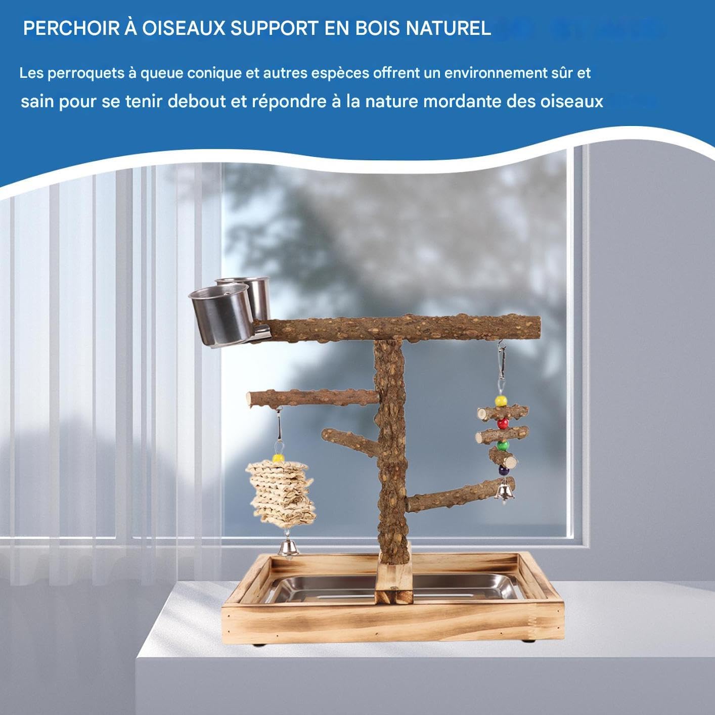 Perchoir pour Oiseaux Perchoir pour Calopsittes avec Mangeoires | Accessoires en Bois pour Calopsittes, Inséparables, Perruches et Conures, Alimentation, Dressage et en Intérieur et