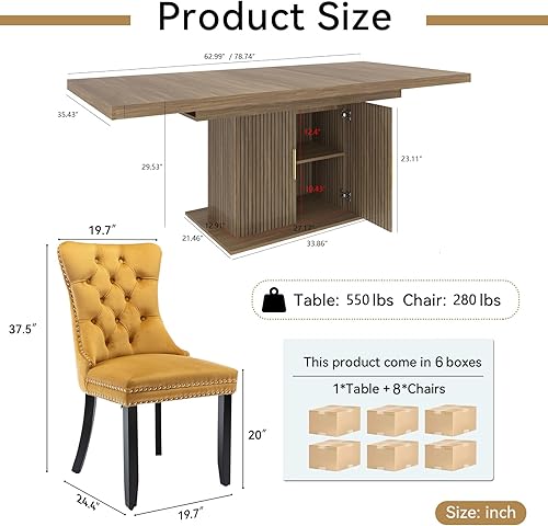 Miniatura 9 de Juego de mesa de comedor extensible para 8, mesa de comedor expandible de 78.74 pulgadas con 8 sillas tapizadas acolchadas amarillas, mesa grande