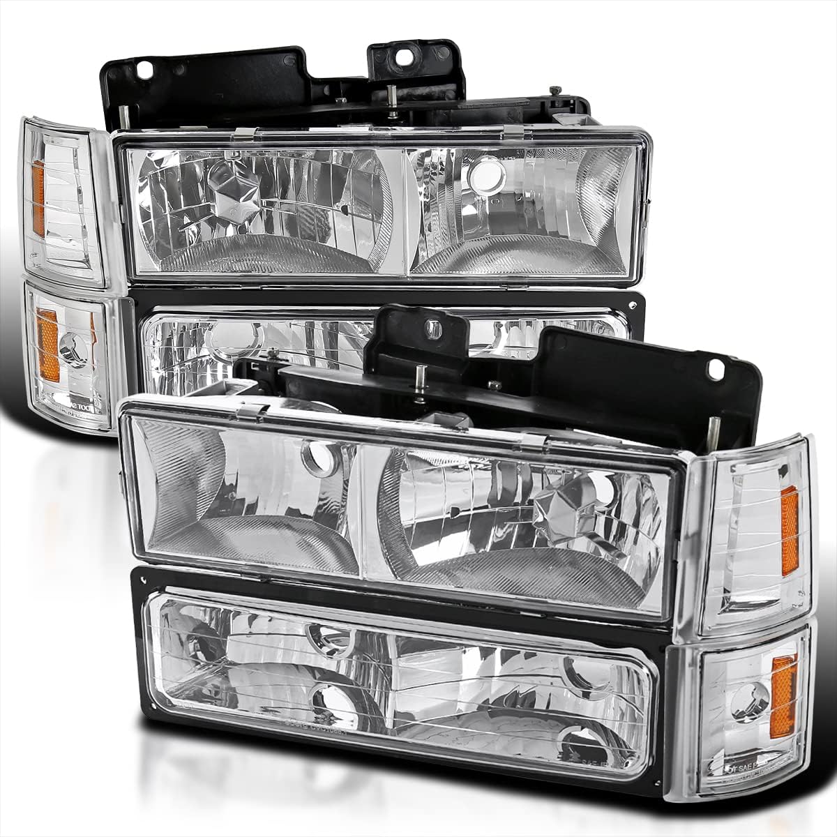 SPEC-D TUNING Chrome Housing Clear Lens Headlights + Bumper Lights + Corner Lamps Compatible with 1994-1998 GMC C10 Pickup Sierra Suburban Left + Right Pair Headlamps Assembly