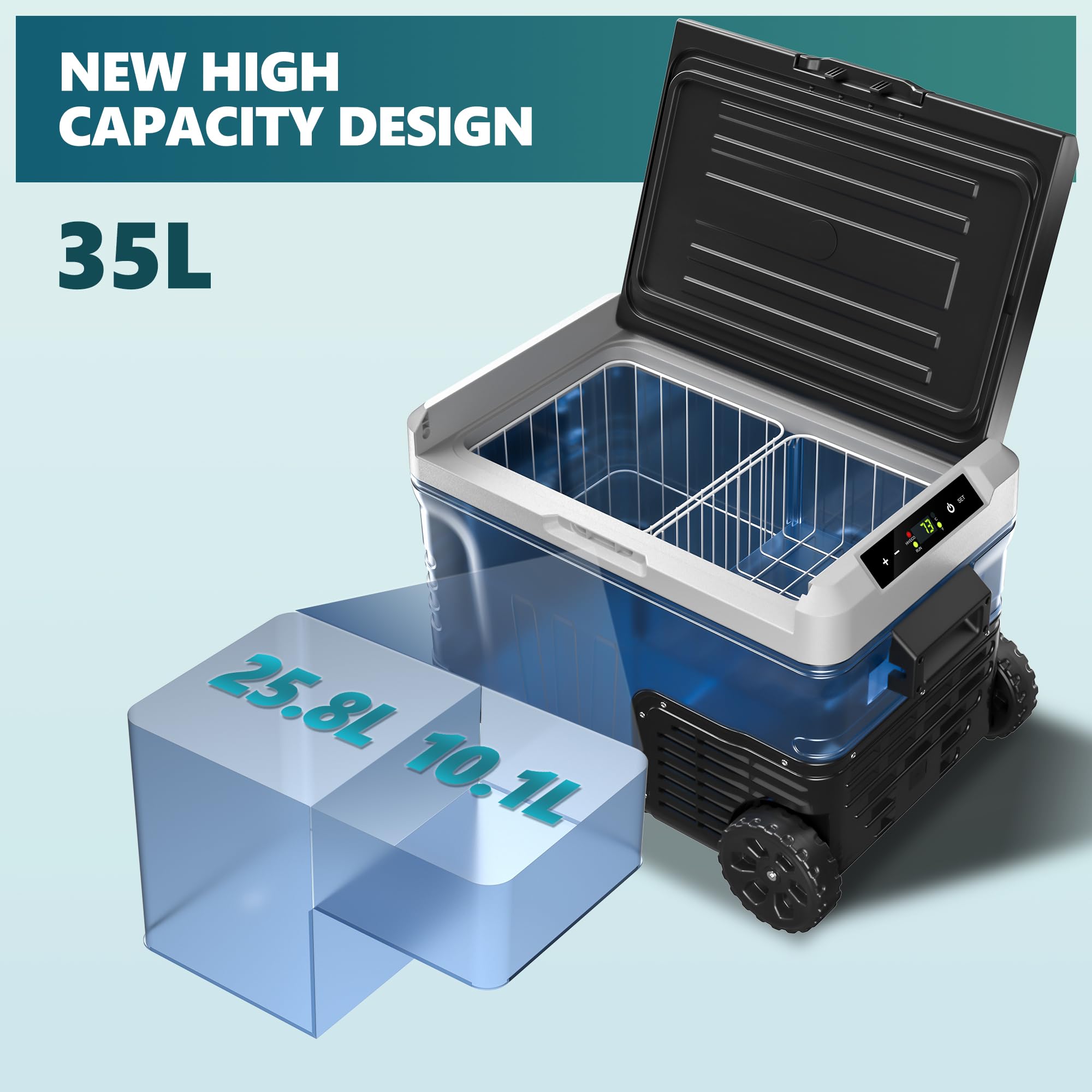 Refrigerador portátil para coche con refrigeración por compresor, control de aplicación inteligente, doble alimentación CA/CC, ruedas y cestas, ideal para viajes, camping, RV, camión, SUV, barco
