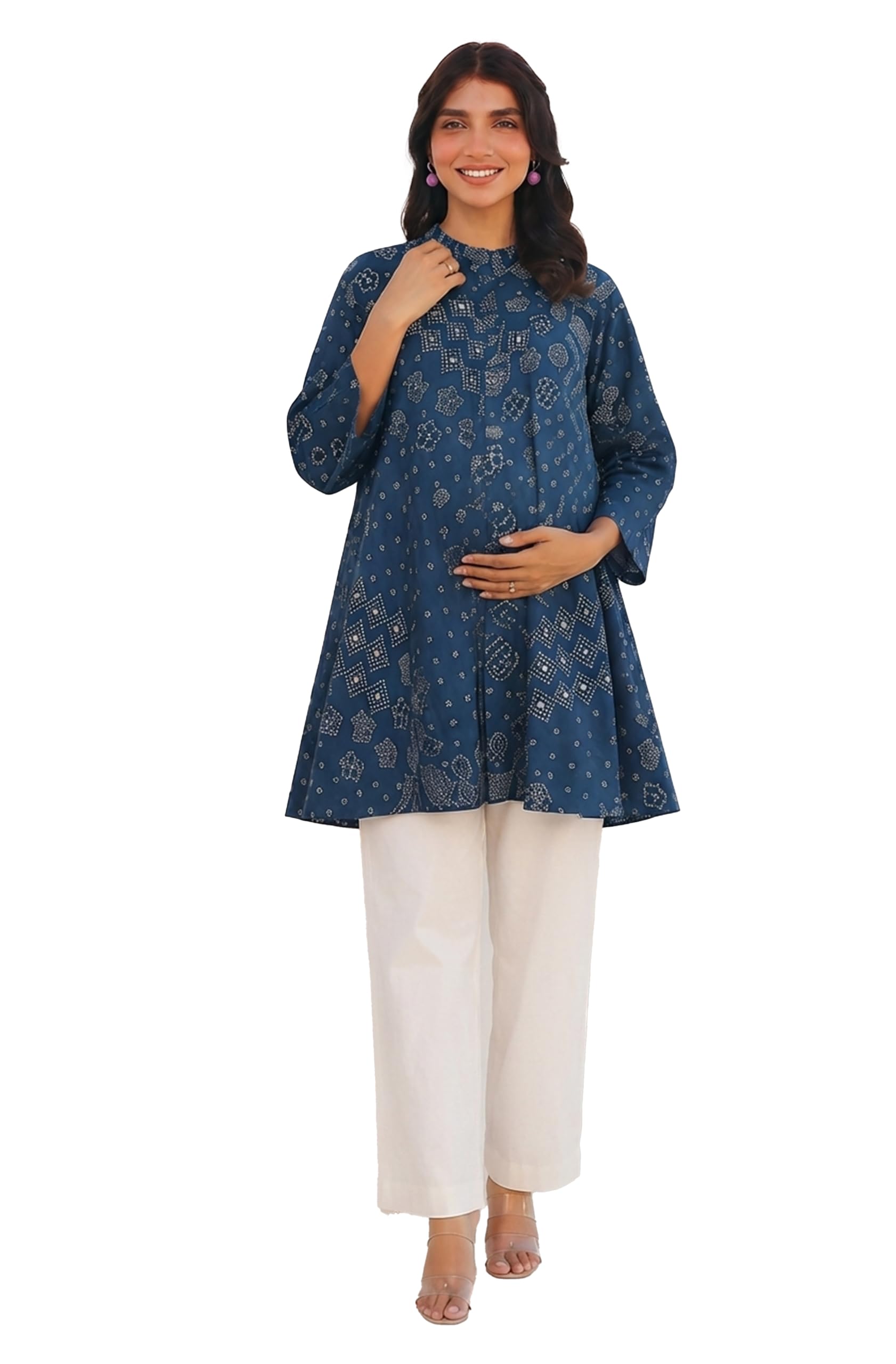 janasya Women's Teal Blue Pure Cotton Bandhani Printed Flared Maternity Tunic (JAC26TU03926-MA-JA-2XL)-picture-31