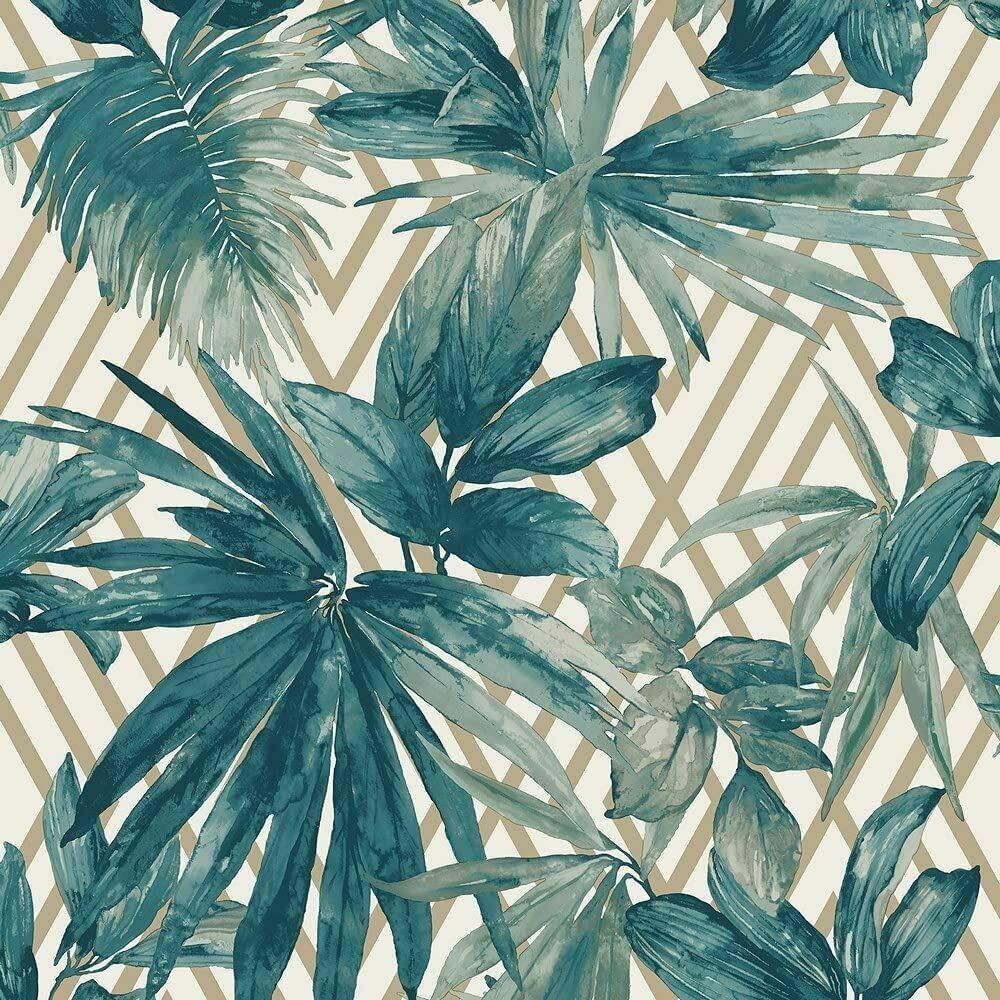 SOPHIE LAURENCE Forage Teal Gold White Geometric Tropical Jungle Leaves Wallpaper for Living Room