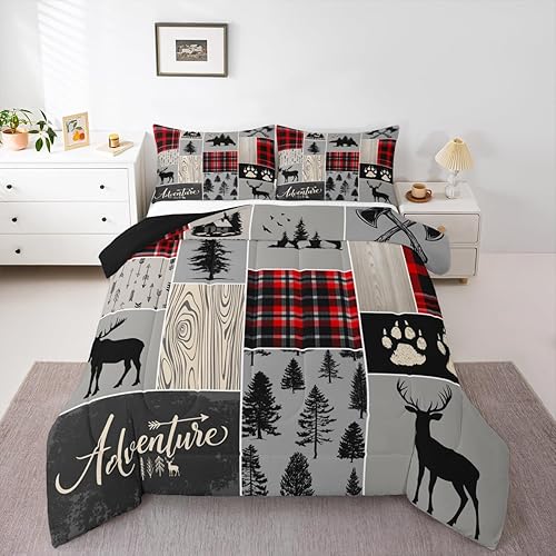 Juego de edredón a cuadros de búfalo para niños y niñas, juego de ropa de cama de alce de oso del bosque en rojo, negro y gris, relleno de edredón