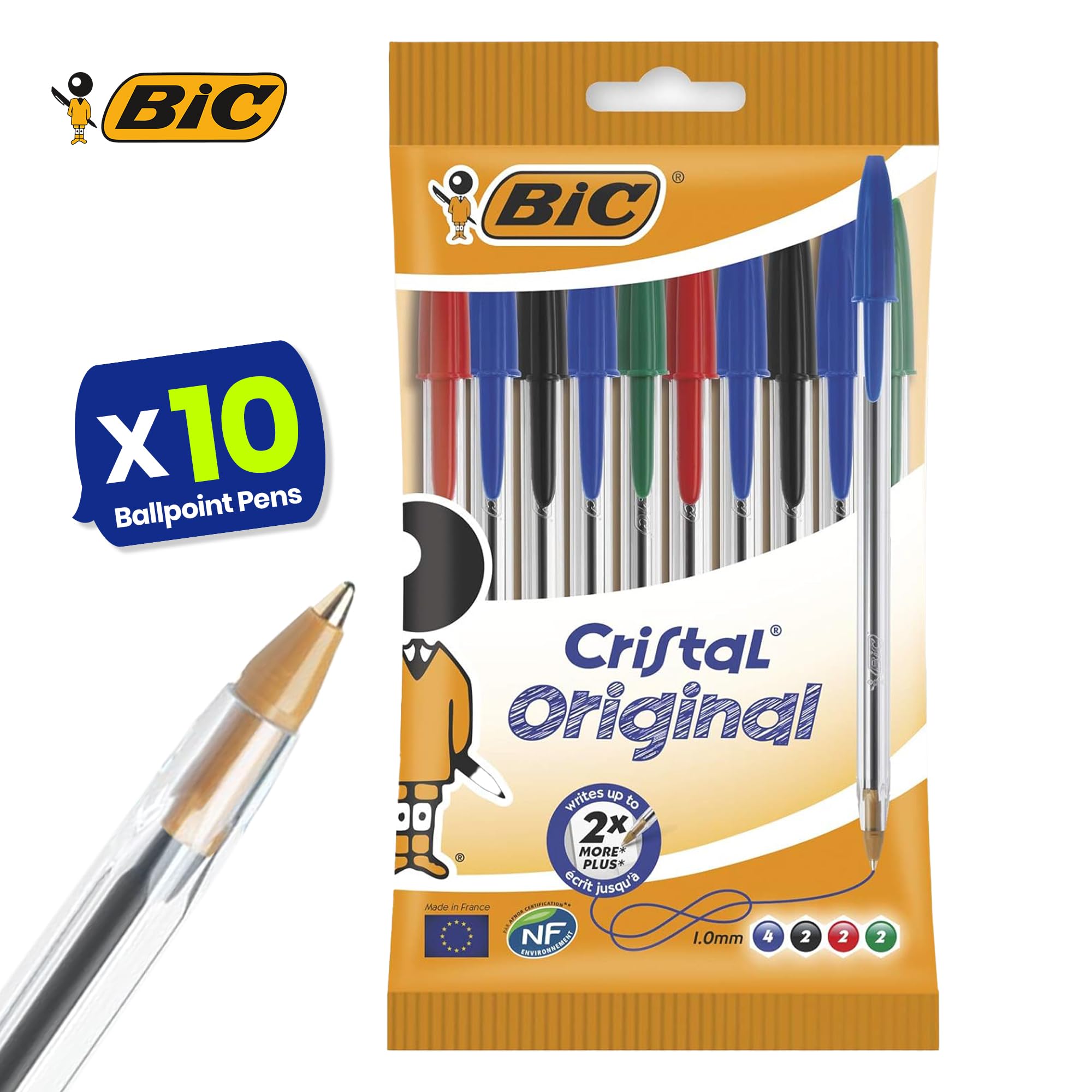 BIC Cristal Original Lot de 10 stylos à bille à pointe fine de 1 mm, couleurs assorties, stylos fiables pour l'école et le bureau, écriture lisse, prise en main confortable, durable et durable