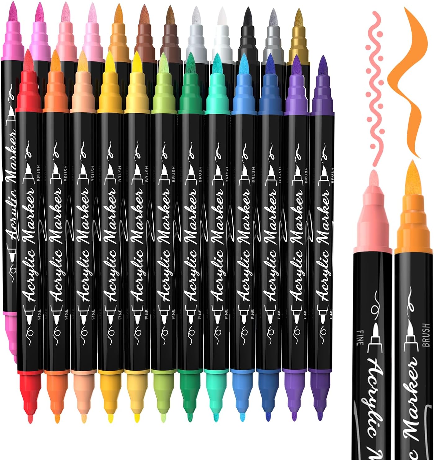 24 Colors Precision Dual Tip Acrylic Paint Markers Pens - Brush & Fine