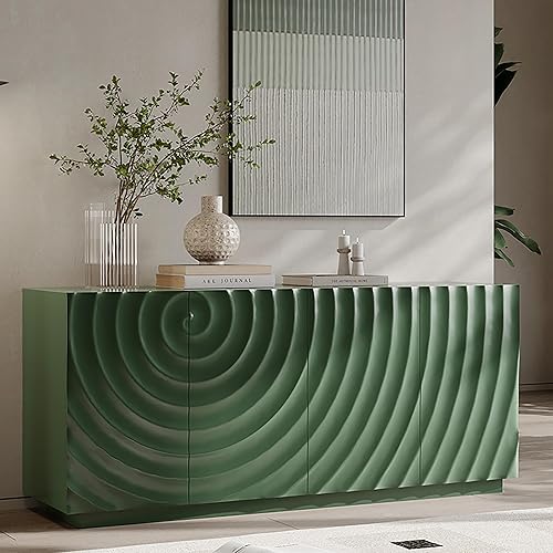 GDFStudio 59" Modern Buffet Sideboard Cabinet, Artistic 3D Texture Storage Cabinet with 4 Doors, Freestanding Credenza Buffet for Living Room Dining Room Kitchen, Large Countertop Coffee Bar, Green