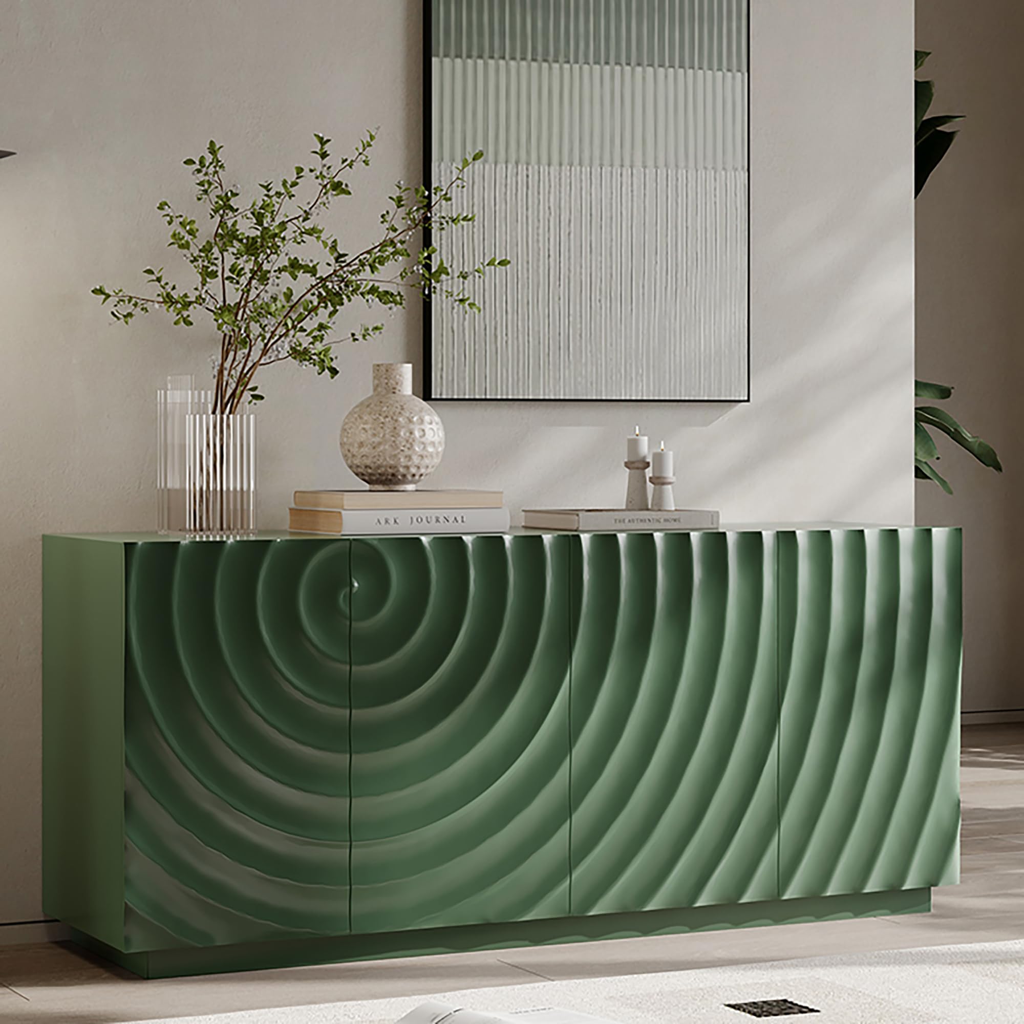 GDFStudio 59" Modern Buffet Sideboard Cabinet, Artistic 3D Texture Storage Cabinet with 4 Doors, Freestanding Credenza Buffet for Living Room Dining