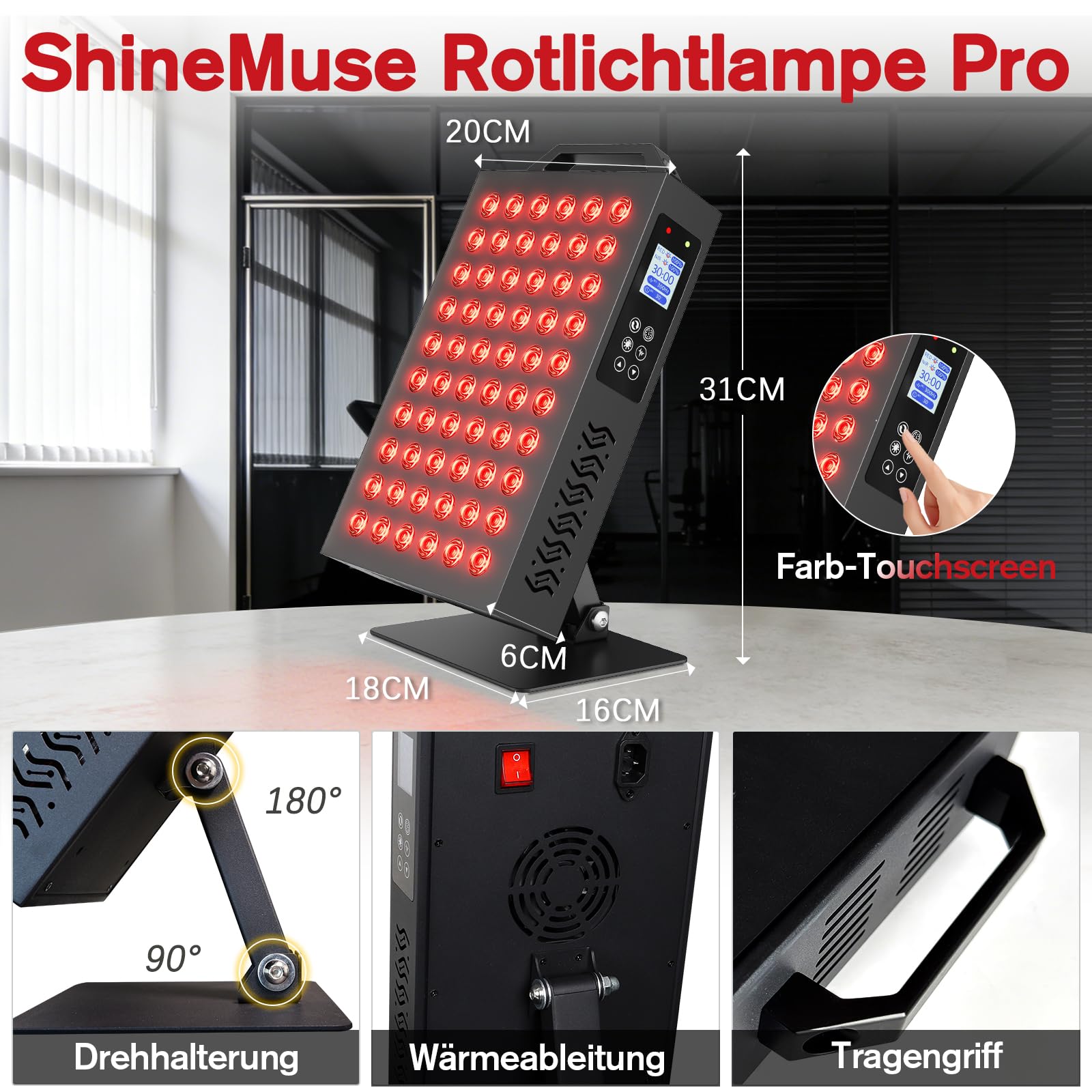 Rotlichtlampe 630/850nm – Dual-Chip, Schmerzlinderung & Anti-Aging | Rotlichtlampe 630/850nm | Dual-Chip 60 LEDs | Schmerzlinderung | Timer + FB | Schutzbrille inkl. | Ganzkörper & Gesicht