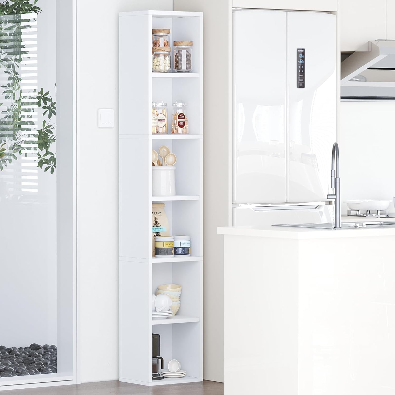 6 Tier Open Tall Narrow Floor Standing Bookcase,CD DVD Slim Storage Cabinet,Cube Storage Shelf for Small Space Living Room Bedroom (White)