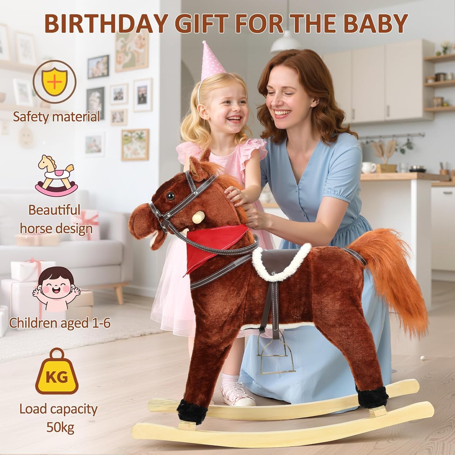Rocking Horse Toy for Kids Plush Ride on Animal with Wooden Rockers, Moving Mouth and Wagging Tail, Musical Sounds, Baby Rocking Chair, 120kg Weight Capacity, Ages 1-6 Dark Brown Middle