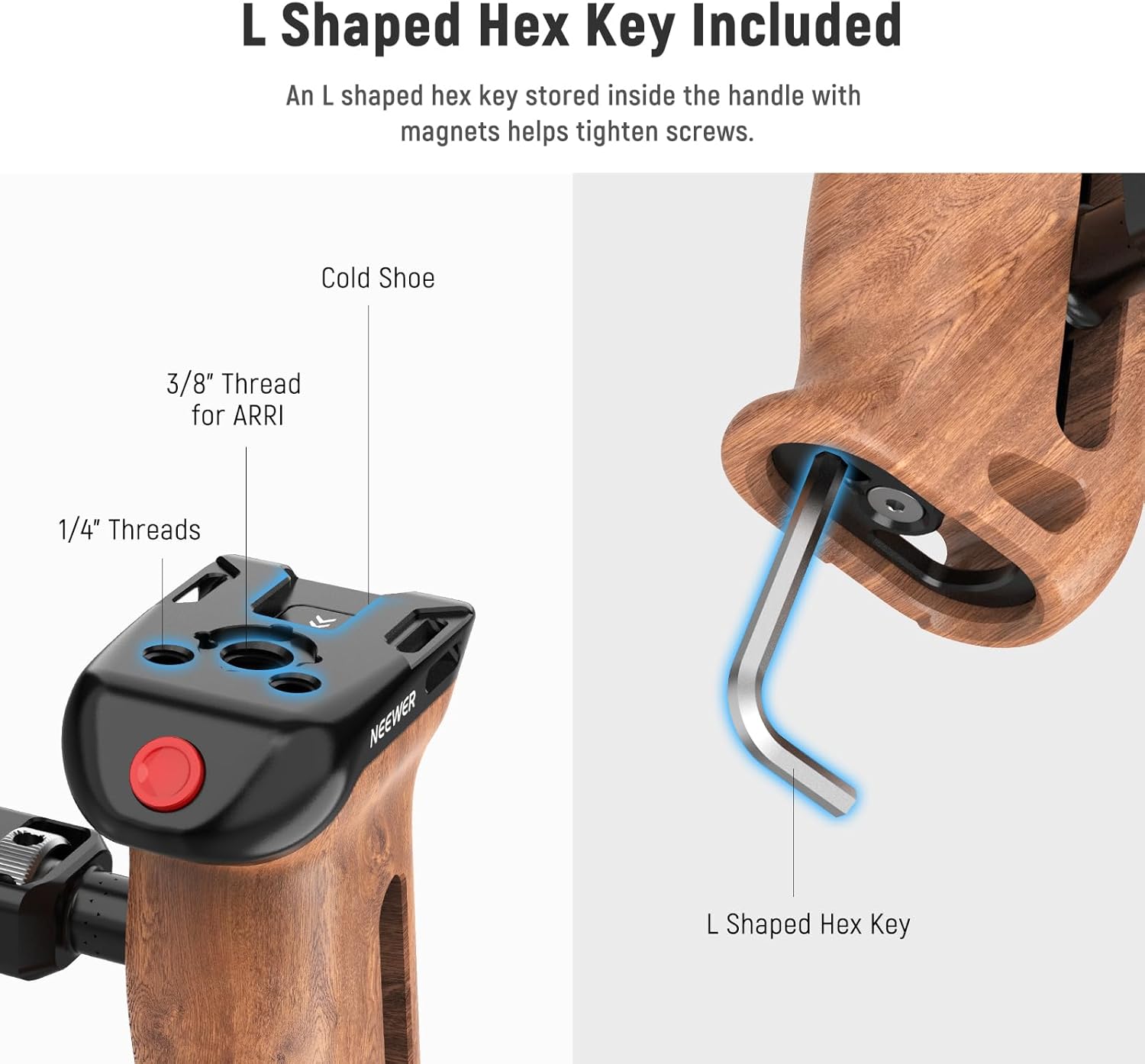 NEEWER Wooden Side Handle with Record Start/Stop Remote Trigger NATO Clamp 1/4" & 3/8" Threads Vertical Adjustment 22lb Load Compatible with SmallRig Camera Cage Sony Fujifilm Panasonic, CA123