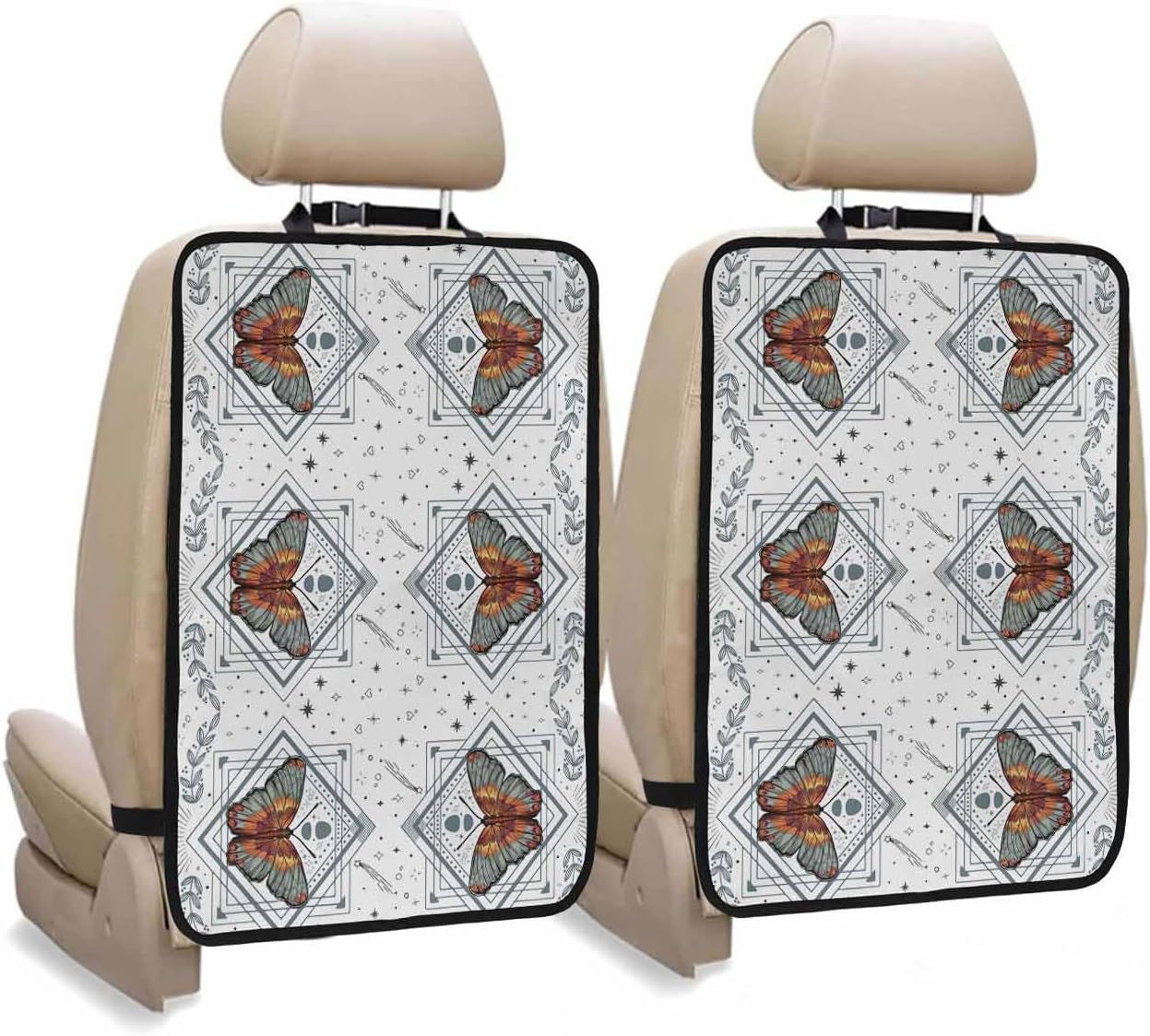 T&H XHome Car Seat Protector, 2 Pack Kick Mats Back Seat Protector Butterfly Geometric Lines and Stars Pattern Waterproof Backseat Cover for Kids Universal Fit Automotive Interior Protectors