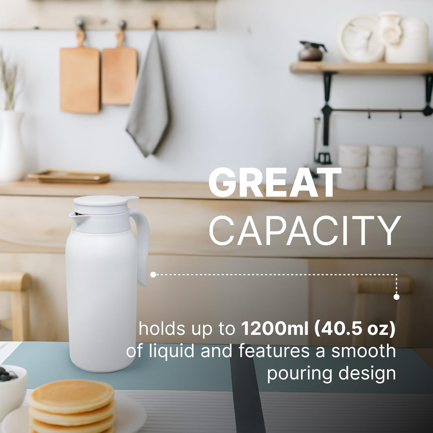 JS Gourmet 40.5oz (1200ml) Stainless Steel Double Walled Insulated White Coffee Carafe, Heat Retention Airpot Keeps Beverages Hot or Cold, for Tea, Espresso, Hot Chocolate and More