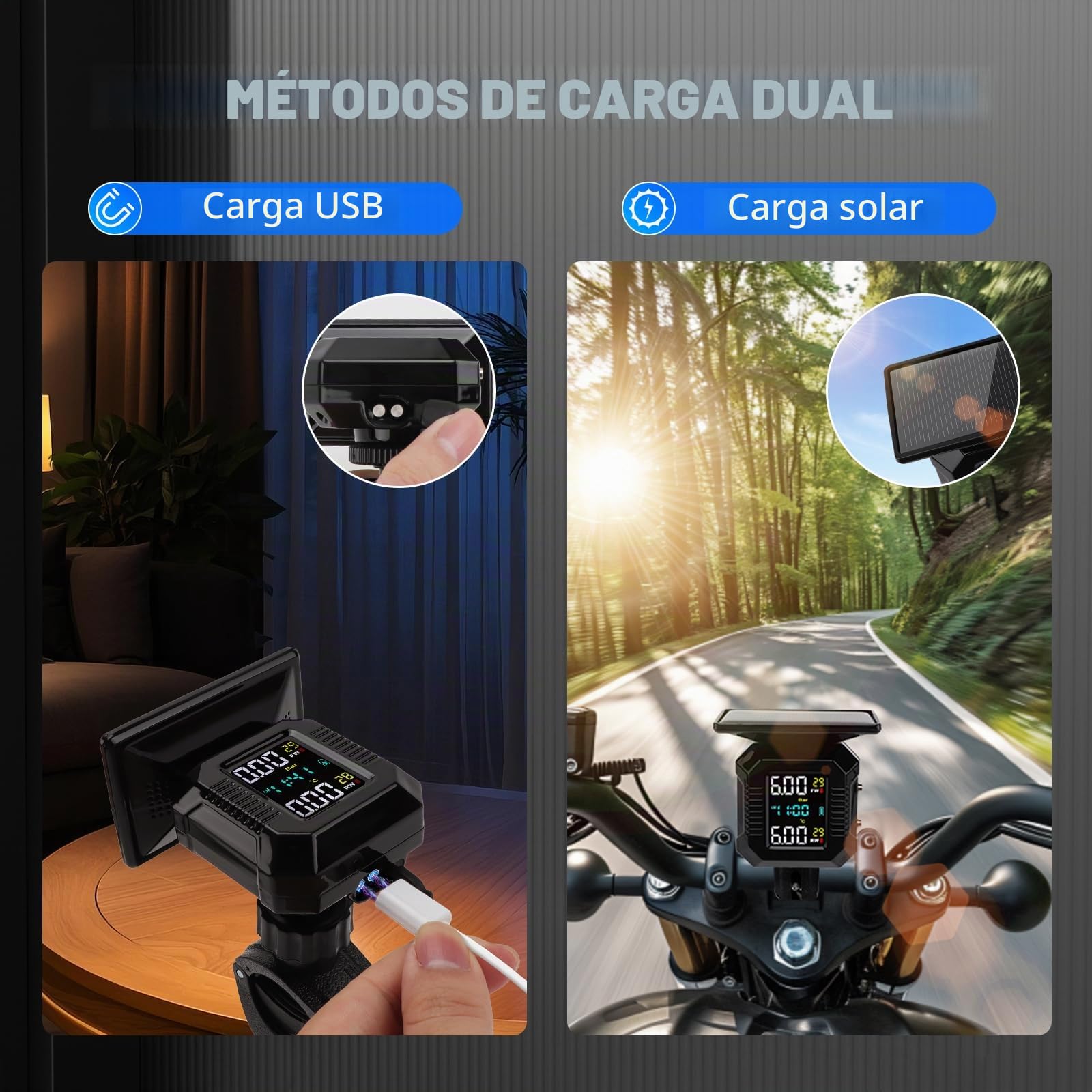 KAOLALI Sistema de Control de Presión de Neumáticos Moto TPMS, Motocicleta Inalámbrica Carga Solar/USB TPMS para Motocicletas con Pantalla LCD 2 sensores externos Impermeables