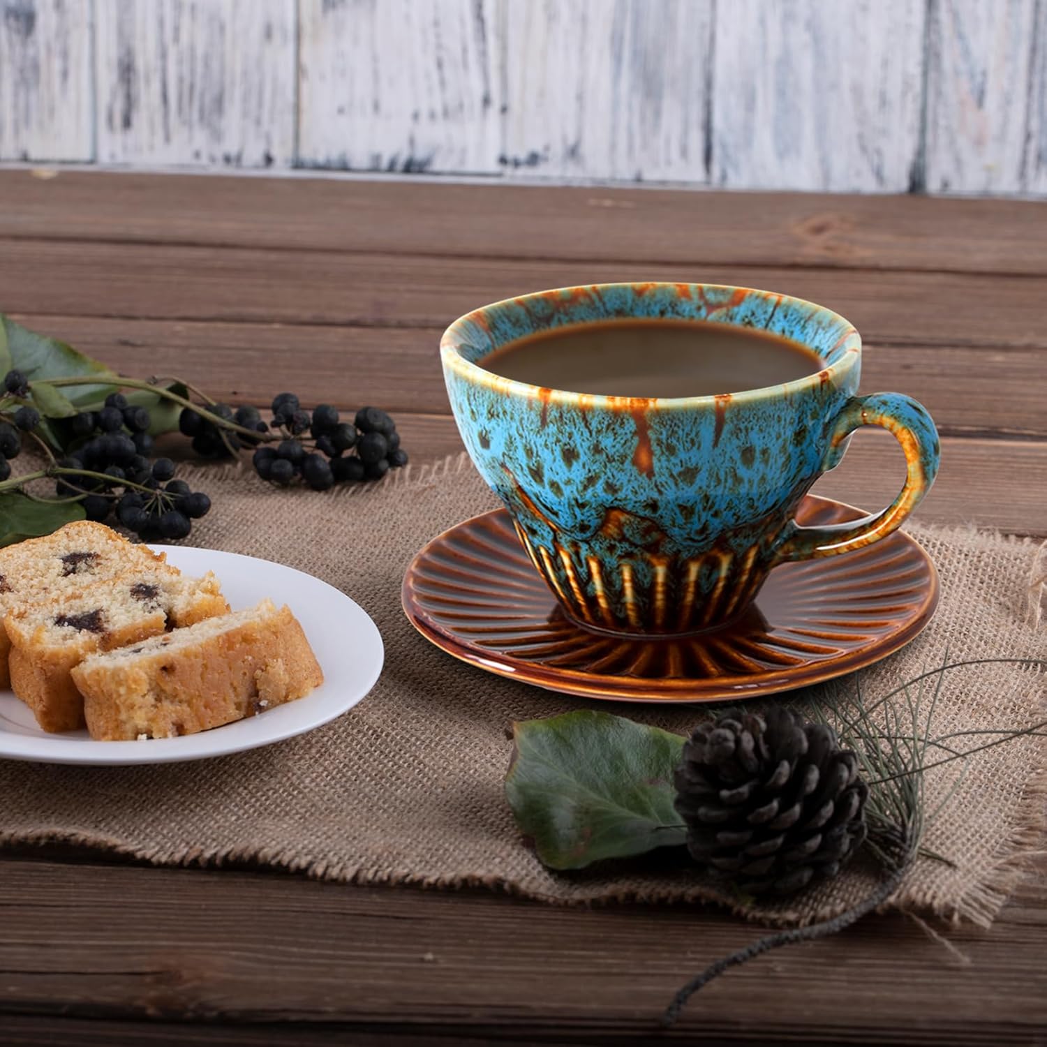 4 oz Glazed Blue Espresso Cups Set of 2, Ceramic Cappuccino Cups with Saucers, Durable Porcelain Tea Set, Set of 2 Durable 16 oz Coffee Cups, Large Coffee Mugs with Ergonomic Handle