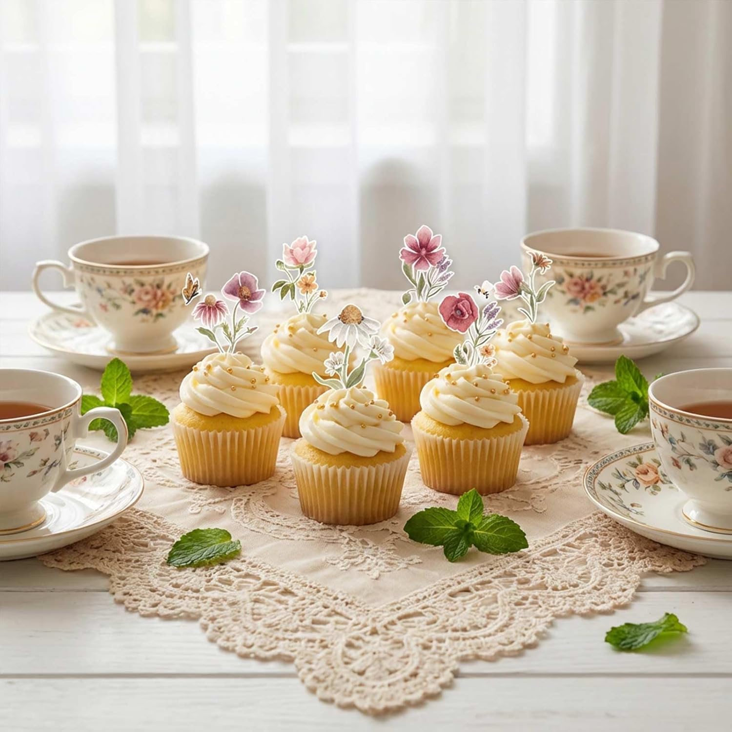 48PCS Wildflower Baby Shower Cupcake Toppers, Floral Birthday Party Decorations, Wildflower Baby in Bloom Cake Decorations, Flower Floral Wedding Party Decor - Image 6