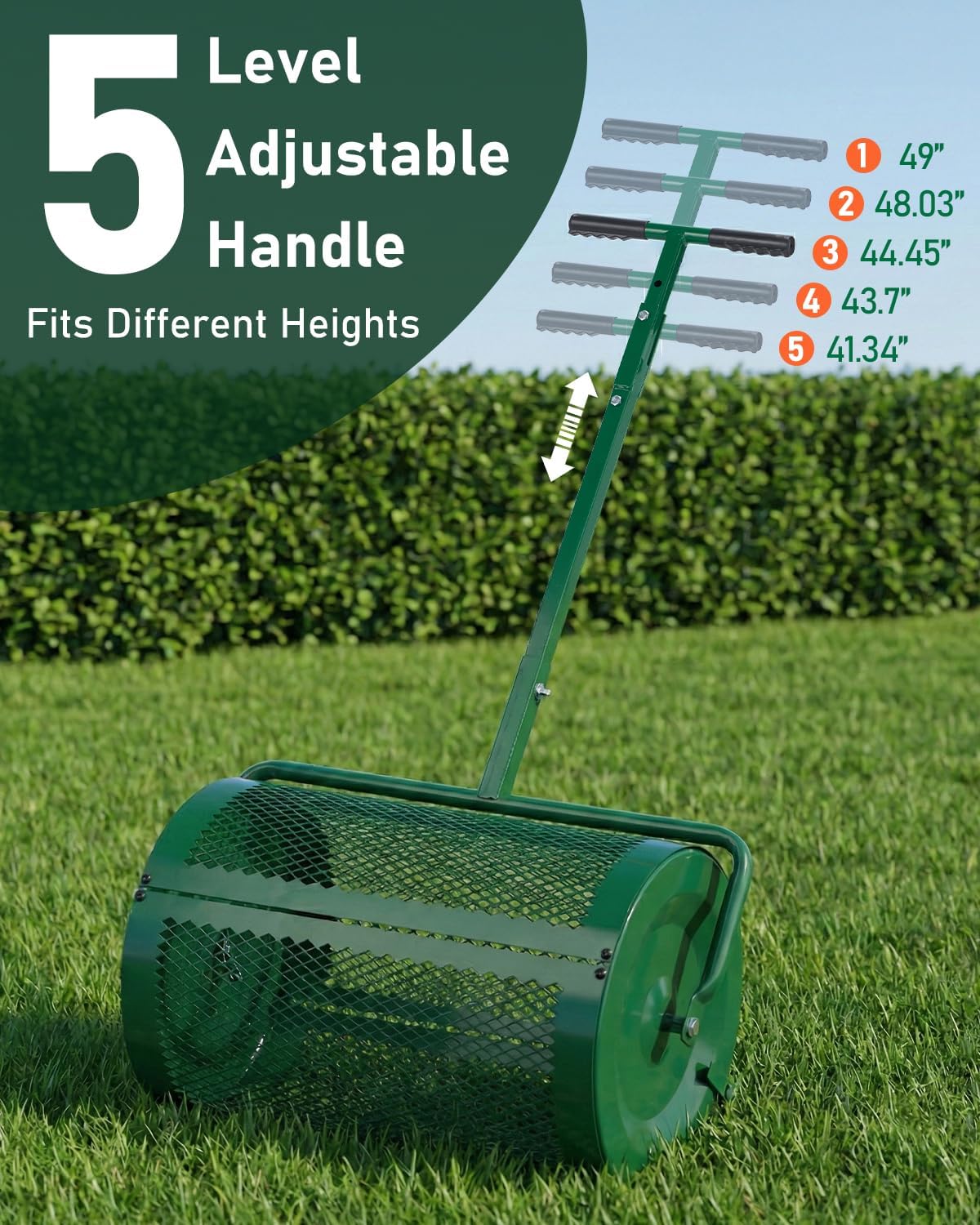 Outvita Compost Spreader, 24’’ Wide Peat Moss Spreader with Push/Tow Handle, 5 Heights Adjustable, Powder-Coated Steel Garden Peat Moss Roller, Heavy Duty for Spreading Manure Mulch Topsoil