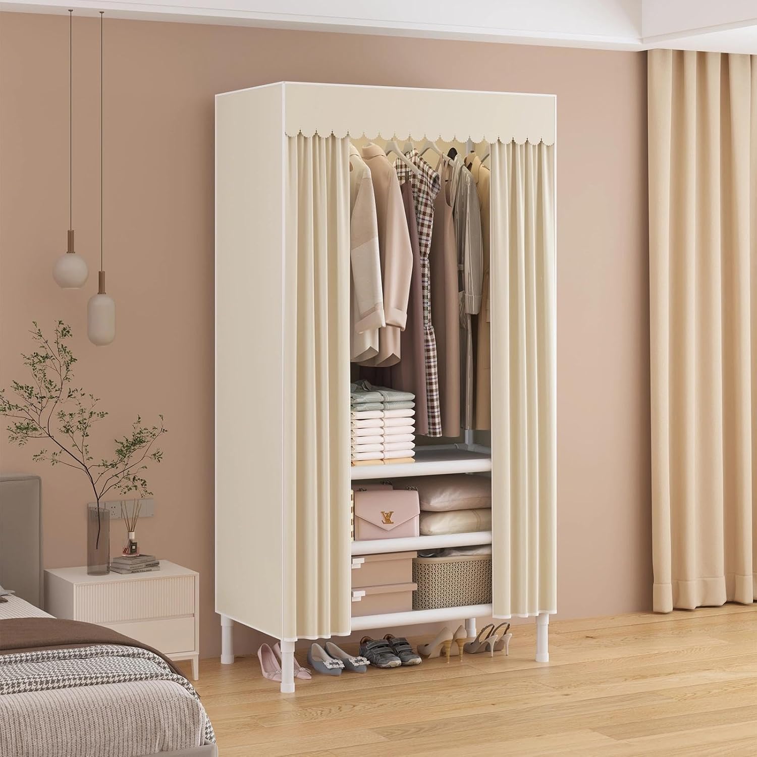 portable closet,garment rack,heavy duty clothes rack with cover,wardrobe closet with 1 hanging rods, 2 storage shelves,27.5" l x 17.7" w x 67.7" h,pale yellow pale yellow-a 27.5" l