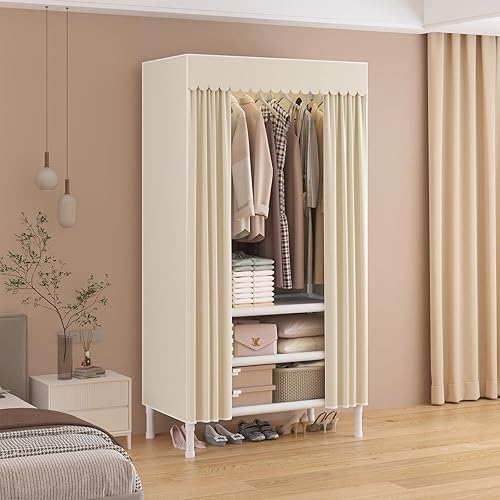 Vista 2 de Armario portátil, perchero resistente con funda, armario con 1 varillas para colgar, 2 estantes de almacenamiento, 27.5 pulgadas de largo x 17.7