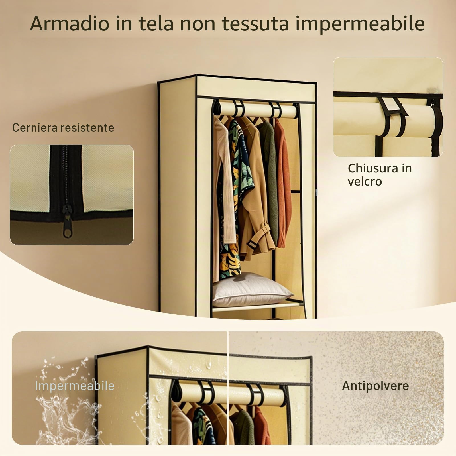 Hododou, Armadio in tela singolo, con 2 cassetti e asta appendiabiti, pieghevole e portatile, per conservare abiti, borse, giocattoli, scarpe, per soggiorno e camera da letto, 160 x 59 x 43 cm (beige)