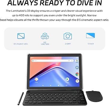 Android 15 Tablet 10 Inch 2 in 1 Tablet with Keyboard Case, Mouse Stylus, 10GB RAM 64GB ROM 1TB Expansion, Quad Core Processor Tablet PC, 5G WiFi6, BT5.0, 6000mAh, 1280*800 IPS Screen, Widevine L1