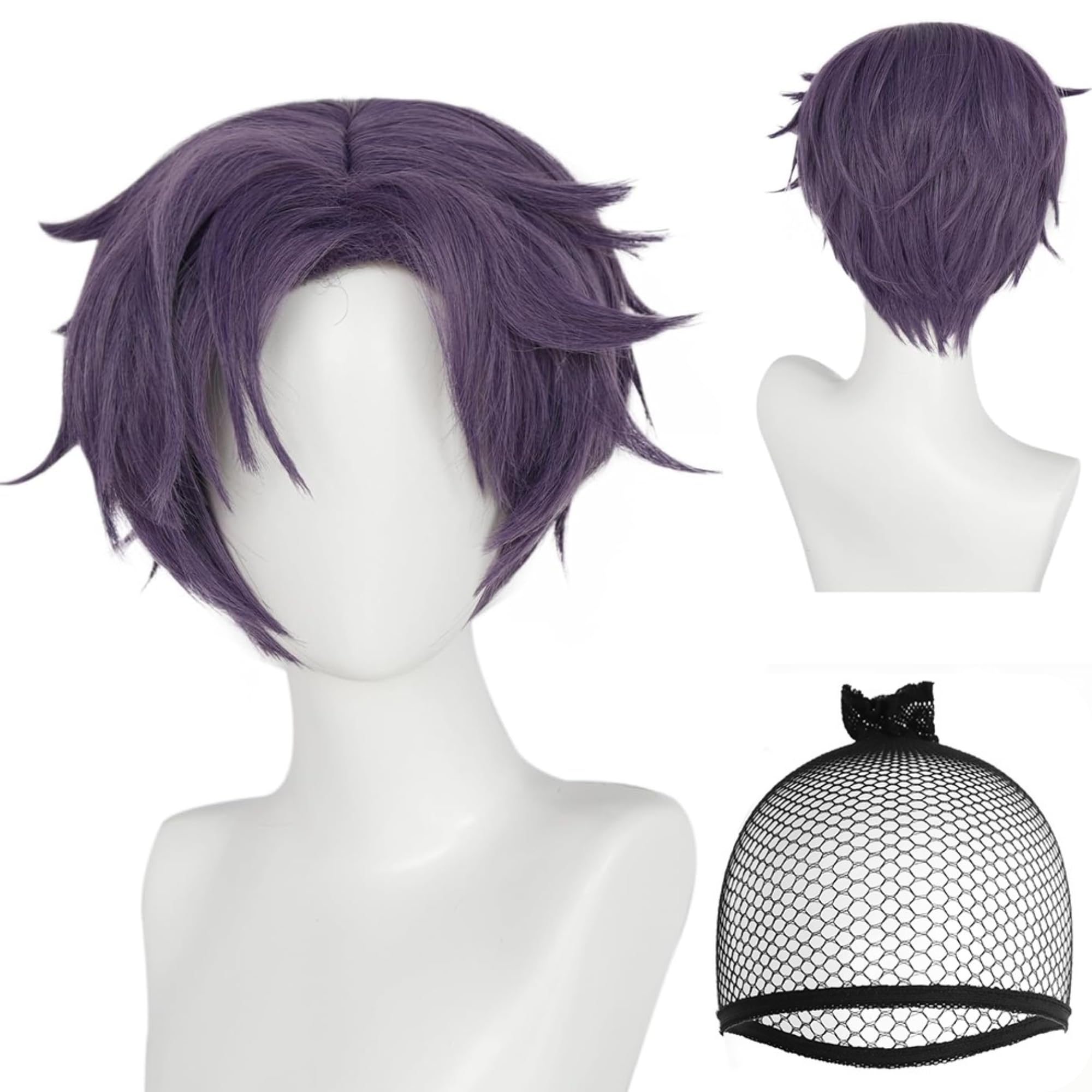 ANOGOL Hair Cap+ Purple Lavender Cosplay Wig for Men Greyish Lilac Costume Wigs Short Dark Purple Hair for Men Violet Light-purple Male Wig with Bangs