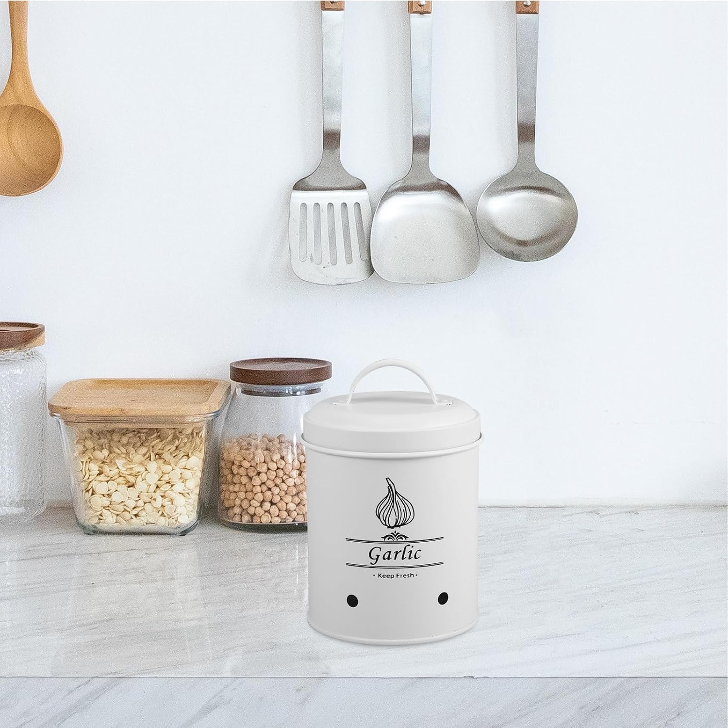 Multi-function Garlic Holder Carbon Steel Vegetable Bucket with Ventilated Onion Storage Container Small White Garlic Keeper for Kitchen Pantry