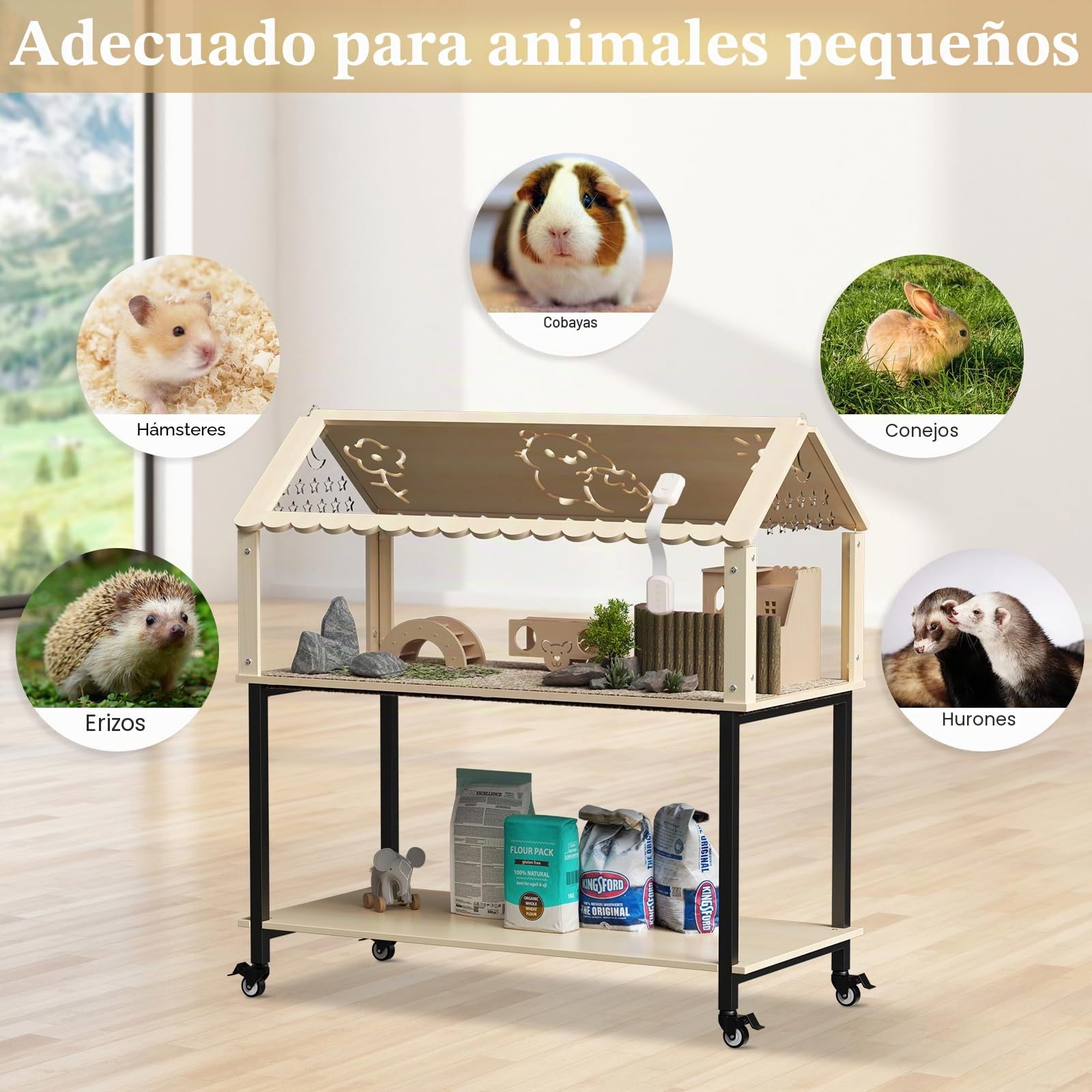 Jaula para hámster de madera, 2 niveles, jaula para roedores, animales pequeños con tapa plegable, con puentes de arco, túneles y casas de juegos, para cobayas, hámsters, 60 x 40 x 40 cm