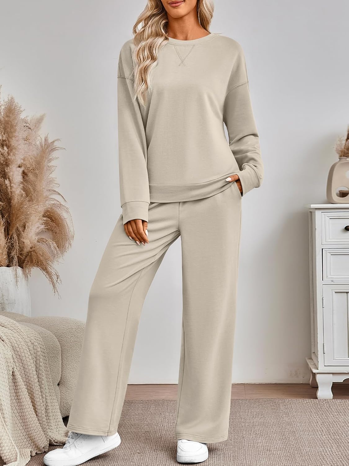 AUTOMET Womens Sweatsuits 2 Piece Sets Travel Outfits 2026 Fall Matching Lounge Set Oversized Sweatshirt Wide Leg Pants - Image 3