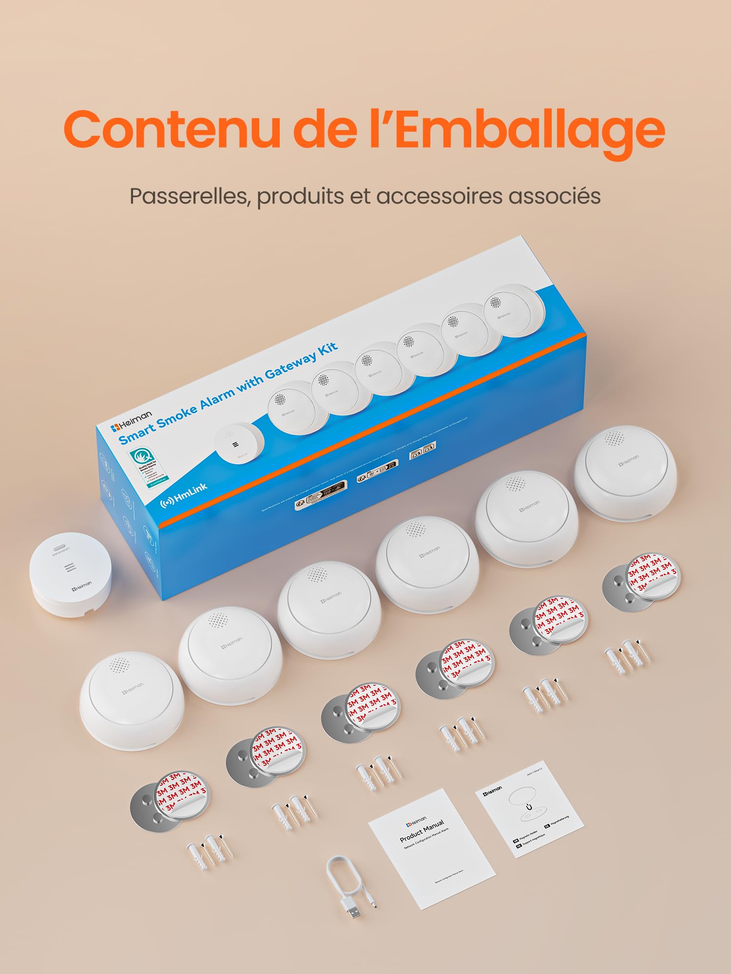 Heiman Détecteur de Fumée Connecté – Lot de 6 avec Passerelle & Contrôle Via App, Batterie 10 Ans, Certifié en 14604, Q-Label, Detecteur de Fumée avec Fixation Magnétique, Blanc