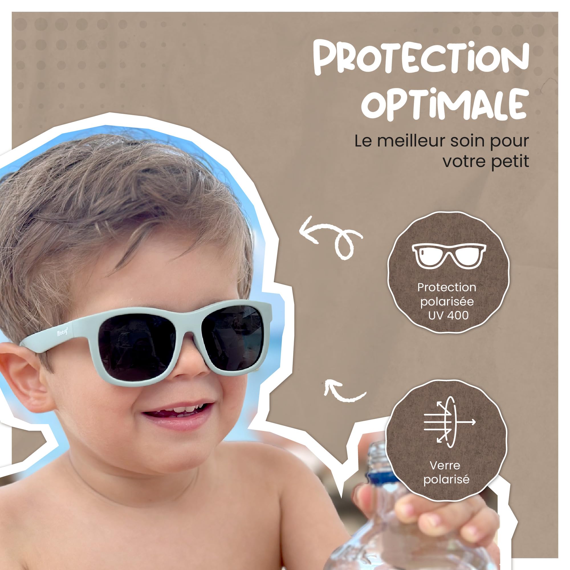 Lunettes de Soleil Bébé et Tout-Petit - 1-3 Ans - Protection UV400 Polarisée - Cadre Flexible et Pliable - Bande Élastique Réglable - Lunettes de Soleil Sûres et Confortables - Luca