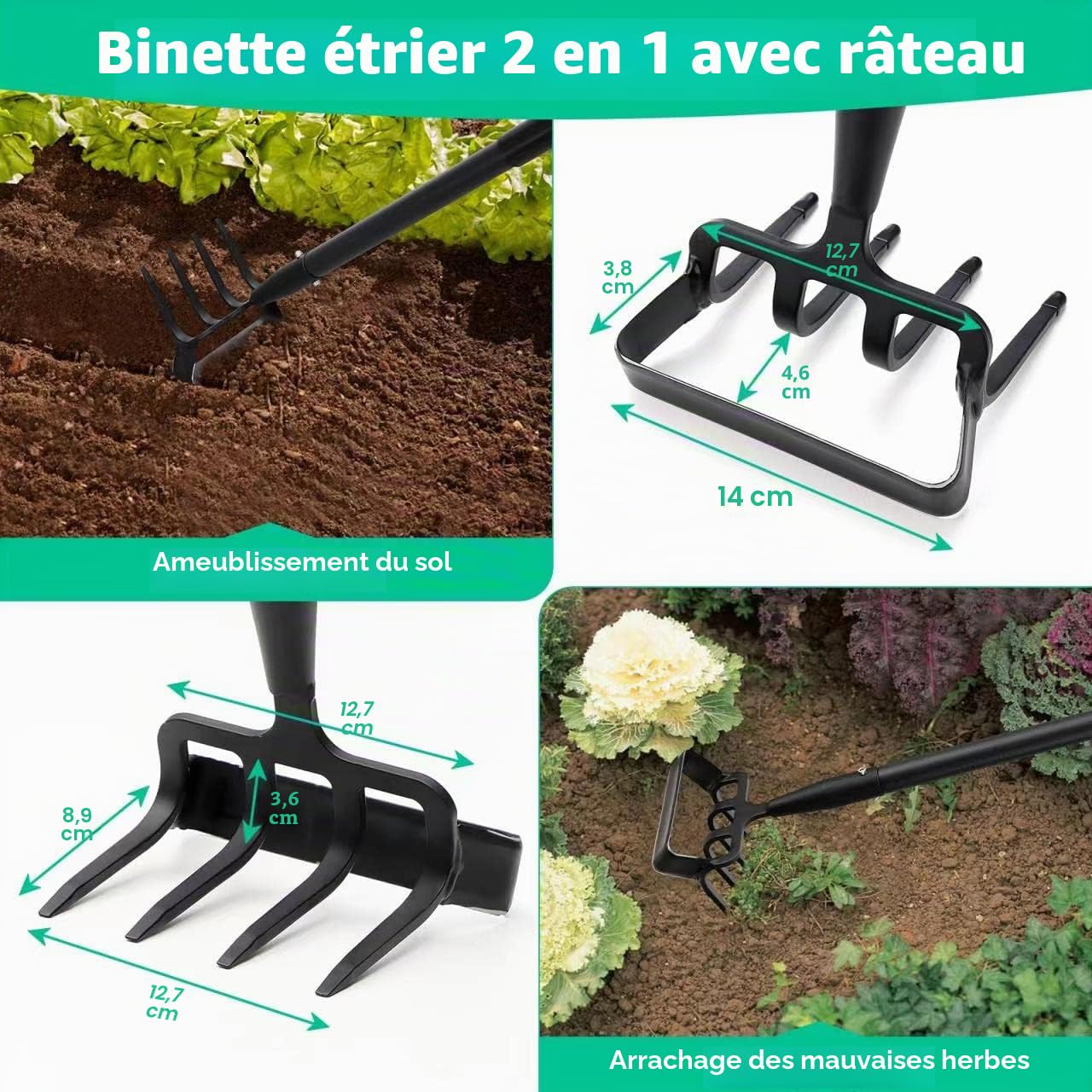 Houe de Jardin avec Râteau, Serfouette Binette Trident de Jardin pour Labourer et Désherber Le Sol, Cultivateur de Jardinage Manuel, Largeur 157cm Réglable