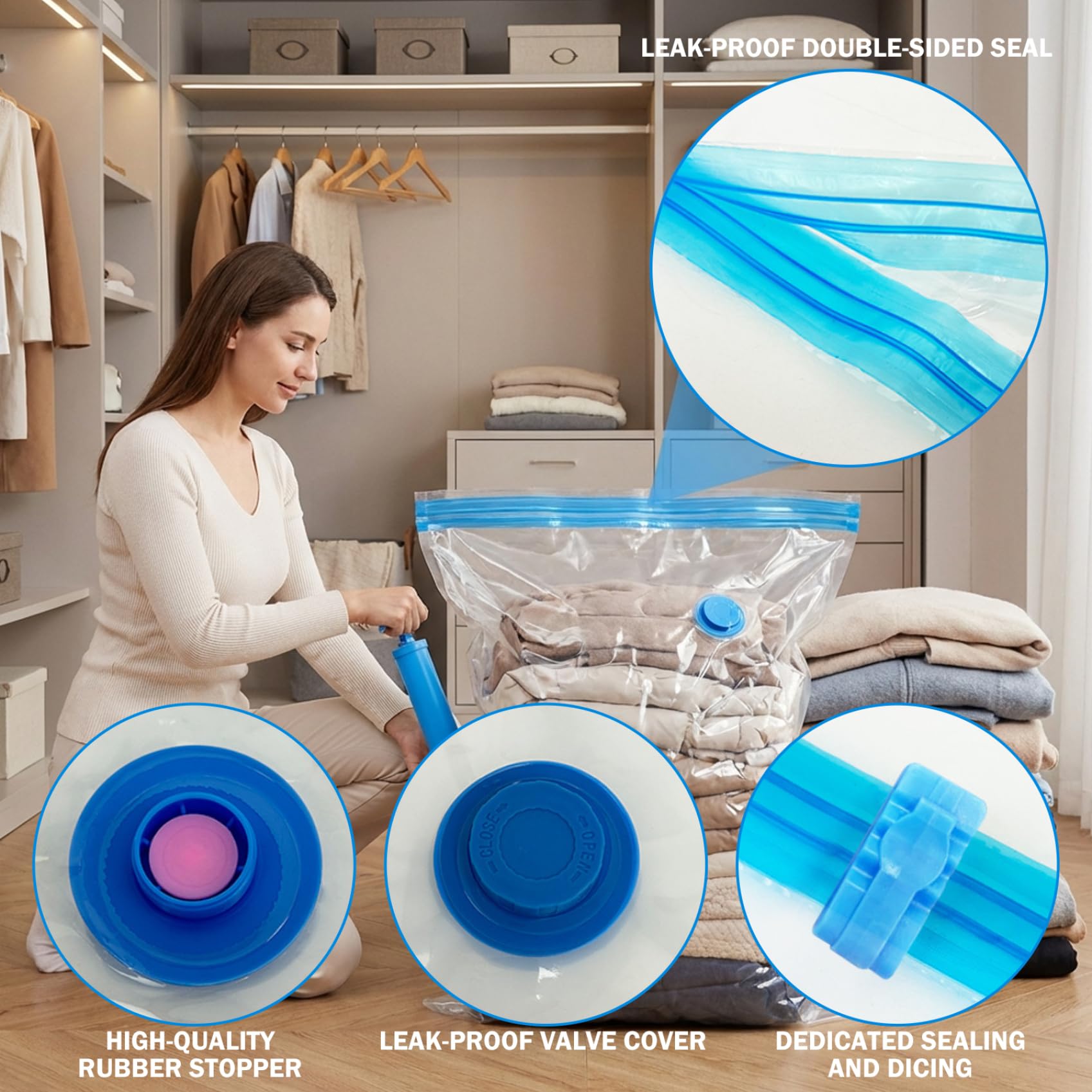 Platzsparende Beutel im 12er-Pack, Kompressionsbeutel mit manueller Pumpe, 4 M/L/XL-Vakuumaufbewahrung für saisonale Kleidung, Decken und Reiseverpackungen.