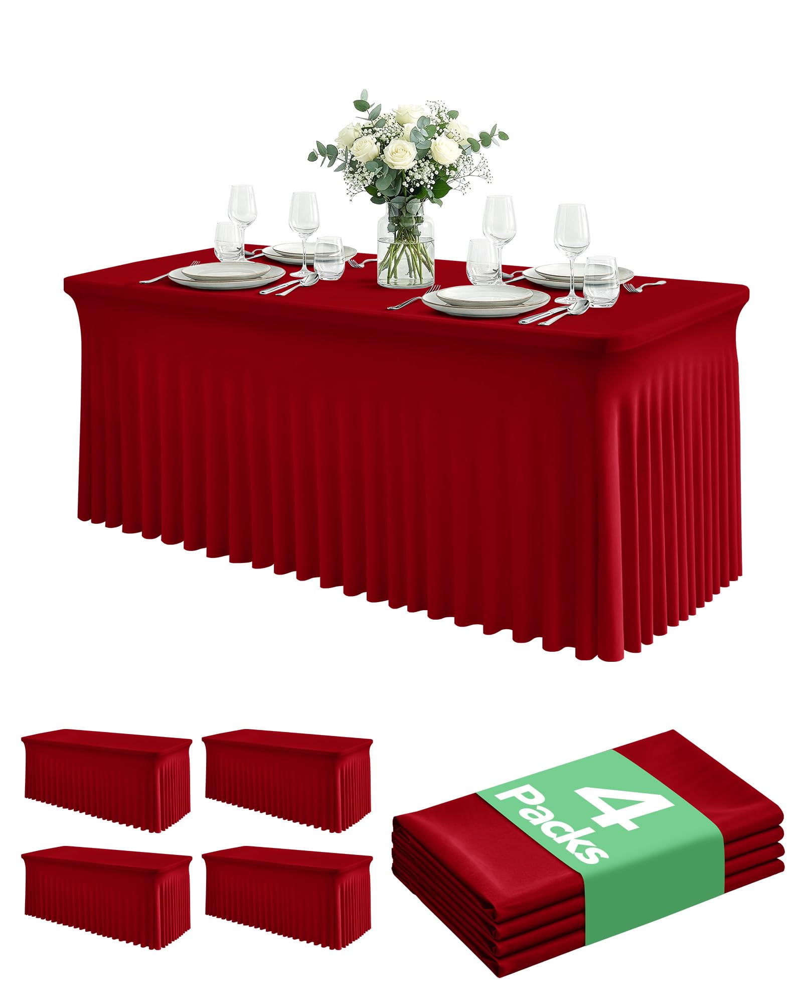 Photo 1 of 4 Pack Spandex Table Cover Skirts for 6ft Rectangle Tables, Red Stretch Table Cloths with Floor-Length Ruffle, Elastic Fitted Skirted Tablecloth for Elegant Wedding Banquet Party Buffet Decoration