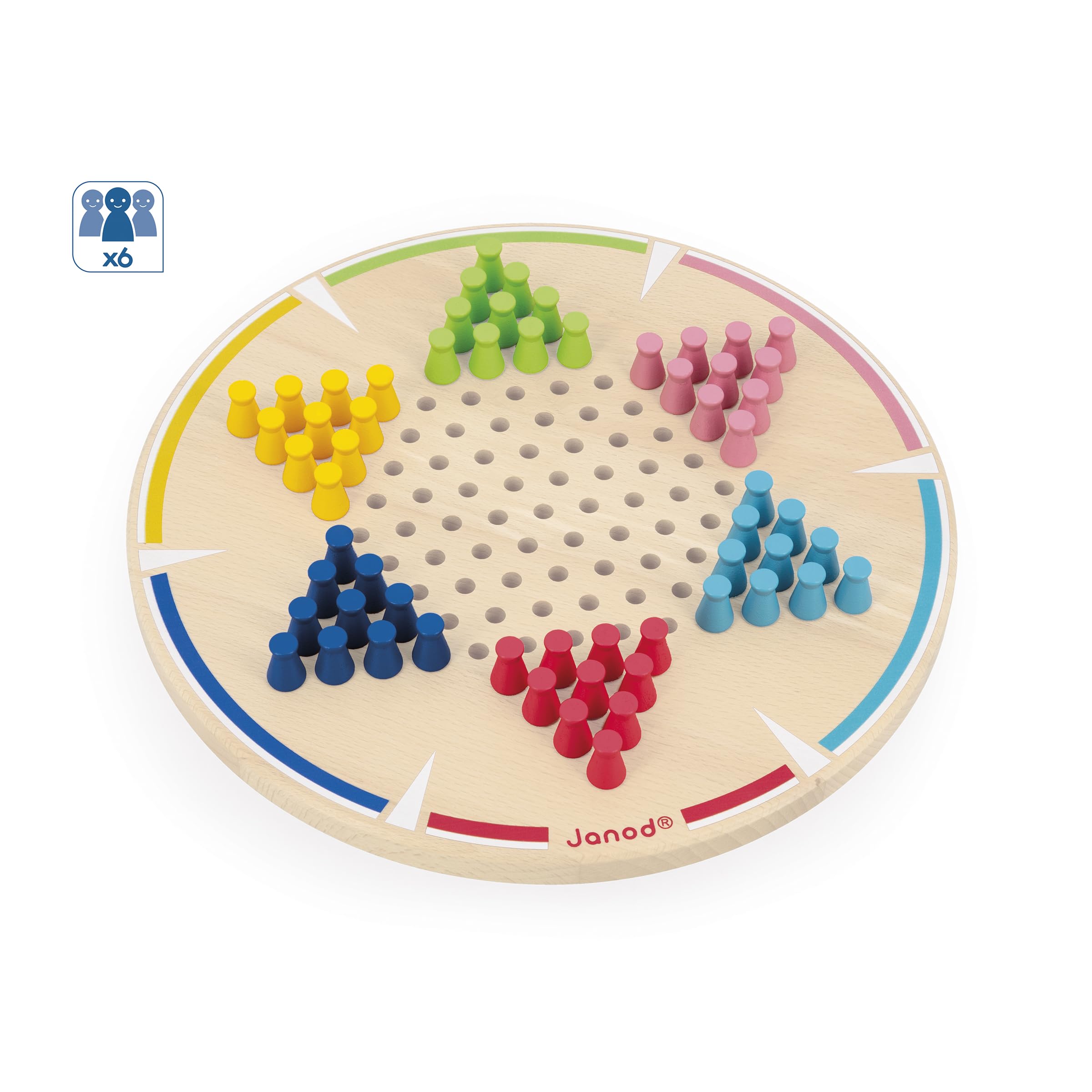 Janod - Mes Premières Dames Chinoises - 1 Plateau en Bois + 60 Pions Colorés - 2 à 6 Joueurs - Jeu de Société Classique pour Enfant Dès 5 Ans