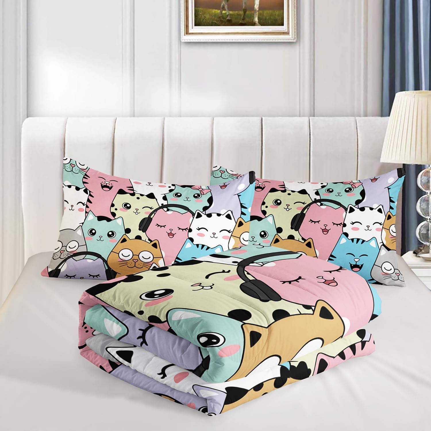 HOSIMA Cute Cat Comforter Twin Bed in a Bag, Cartoon Colorful Pet Print Twin Comforter Set with 2 Pillowcases, Kids Toddler Bedding Set Cute Animal Themed Cat Lovers Room Decor Aesthetic