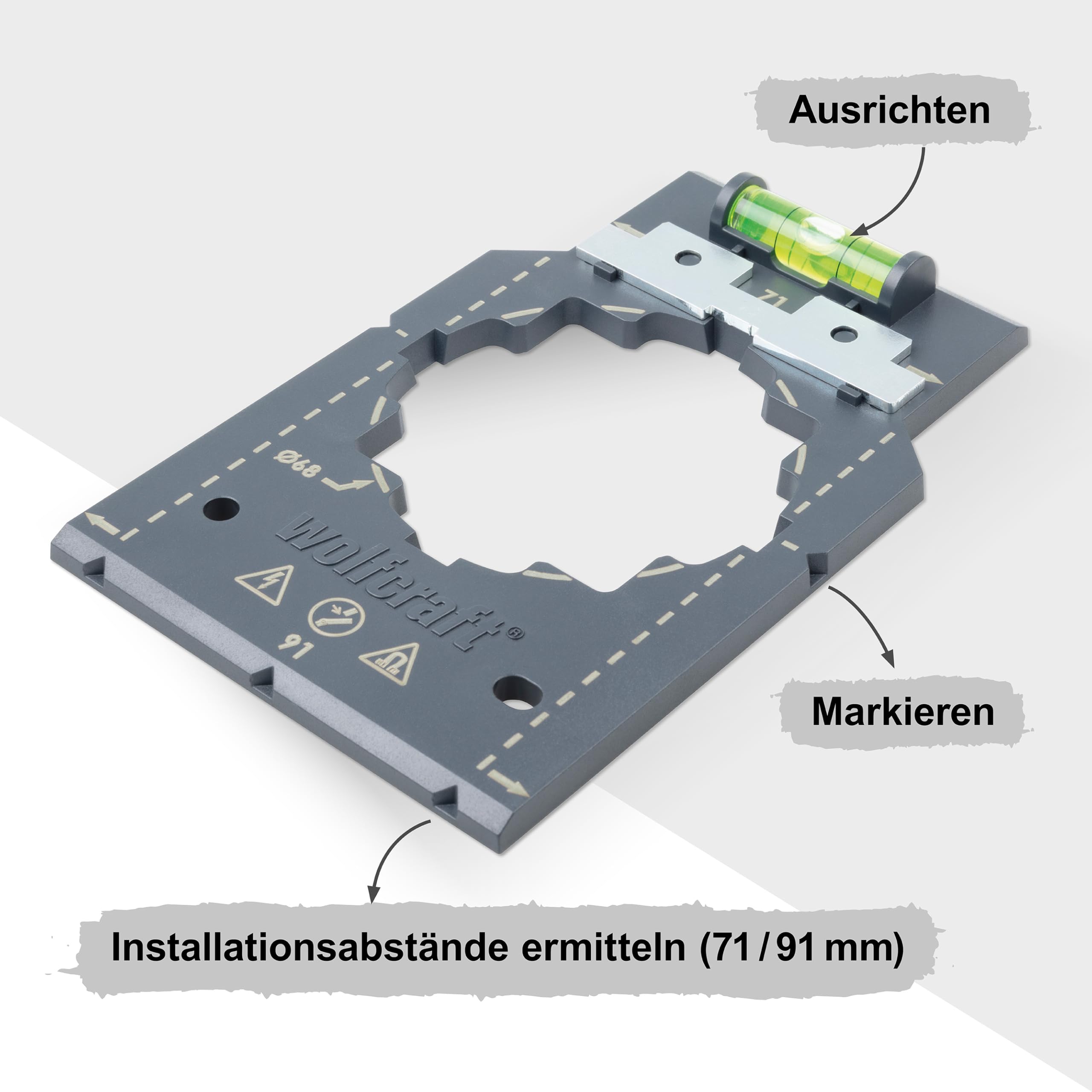 wolfcraft İşaretleme ve Hizalama Şablonu I 5975000 I Alçıpanda priz ve anahtar parçalarının hızlı ve hatasız kurulumu için
