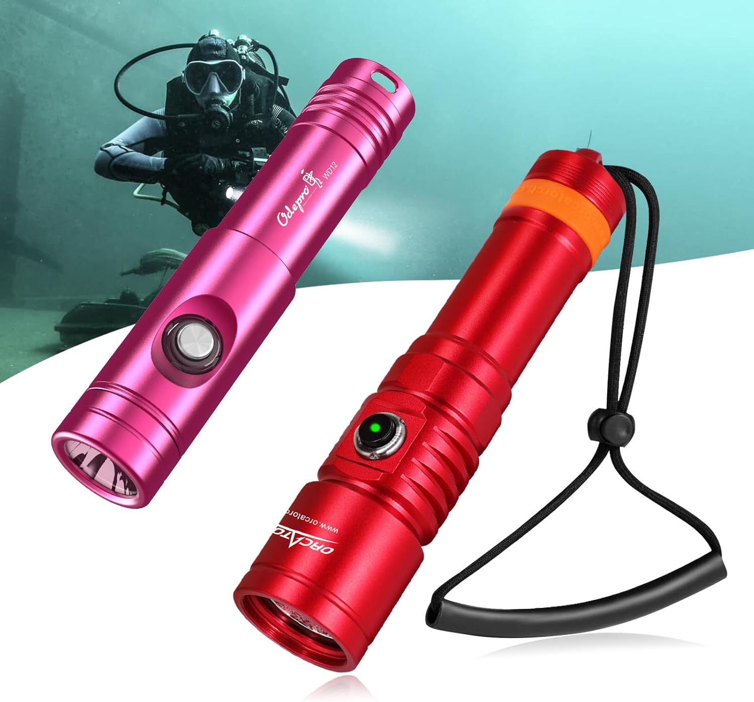 ORCATORCH D710 (3000 Lumen, Red) & Odepro WD12 (1400 Lumen, Red) Dive Light Bundle