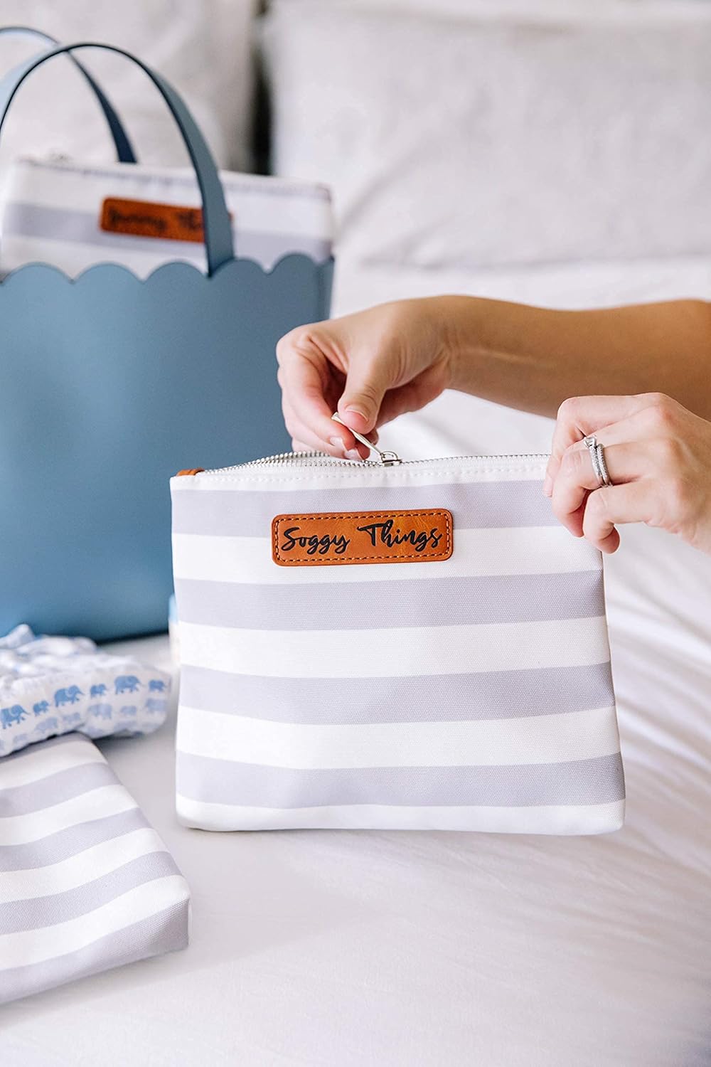 Stylish Diaper Bag Organizing Pouches - XL Set of 4 Gray and White Striped Canvas Diaper Bag Pouches with Leather Embossed Labels, Leather Wristlet Strap & Durable Metal Zippers - Image 8