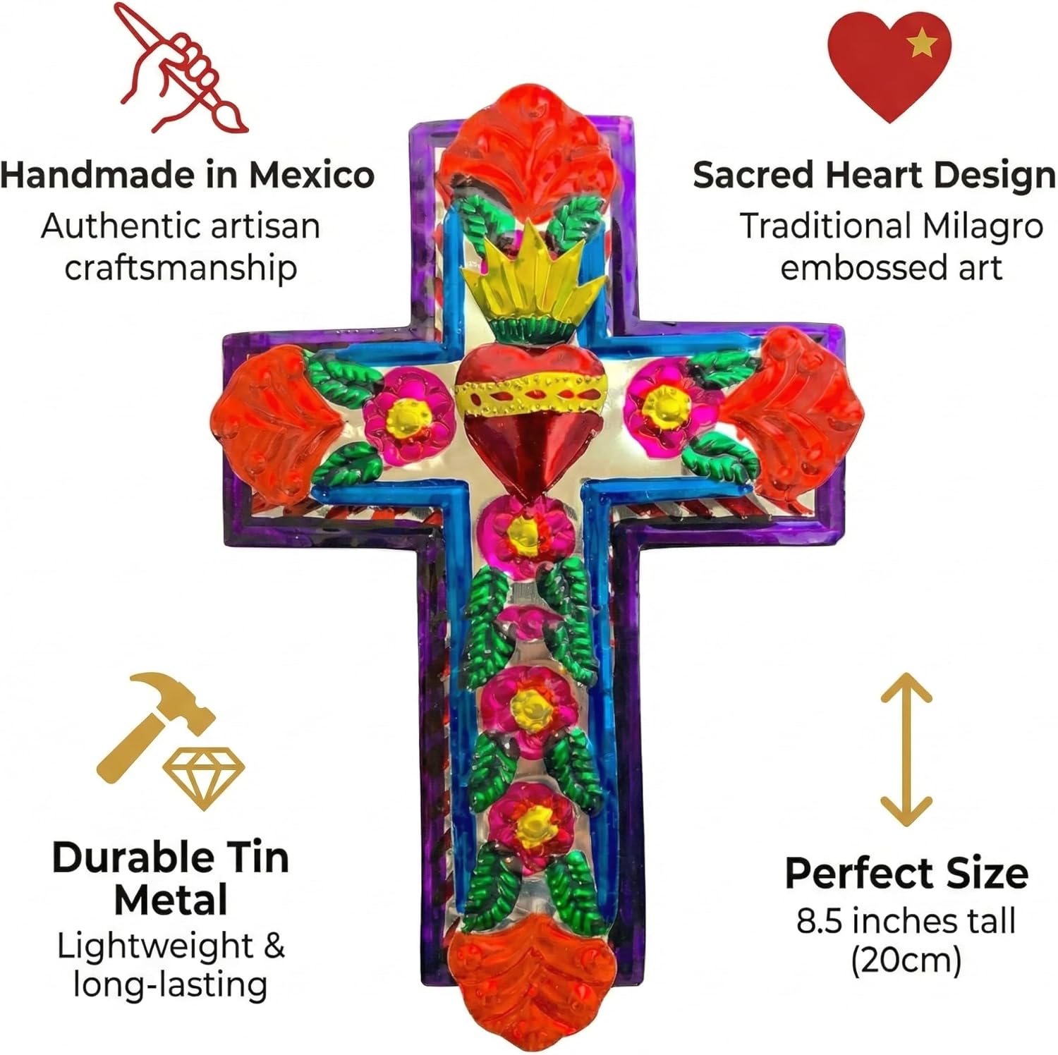 Casa Fiesta Designs Handmade Mexican Tin Cross Wall Decor – Sacred Heart Milagro Folk Art – Handcrafted in Mexico Embossed Metal Religious Wall Hanging (Medium)